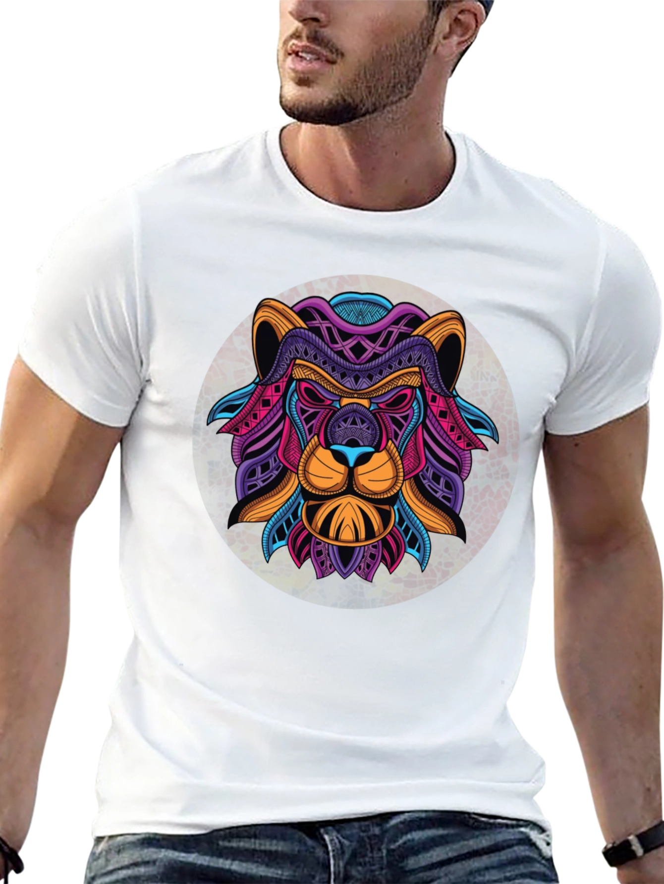 Black Geometric Lion Graphic Black T-Shirt view 13