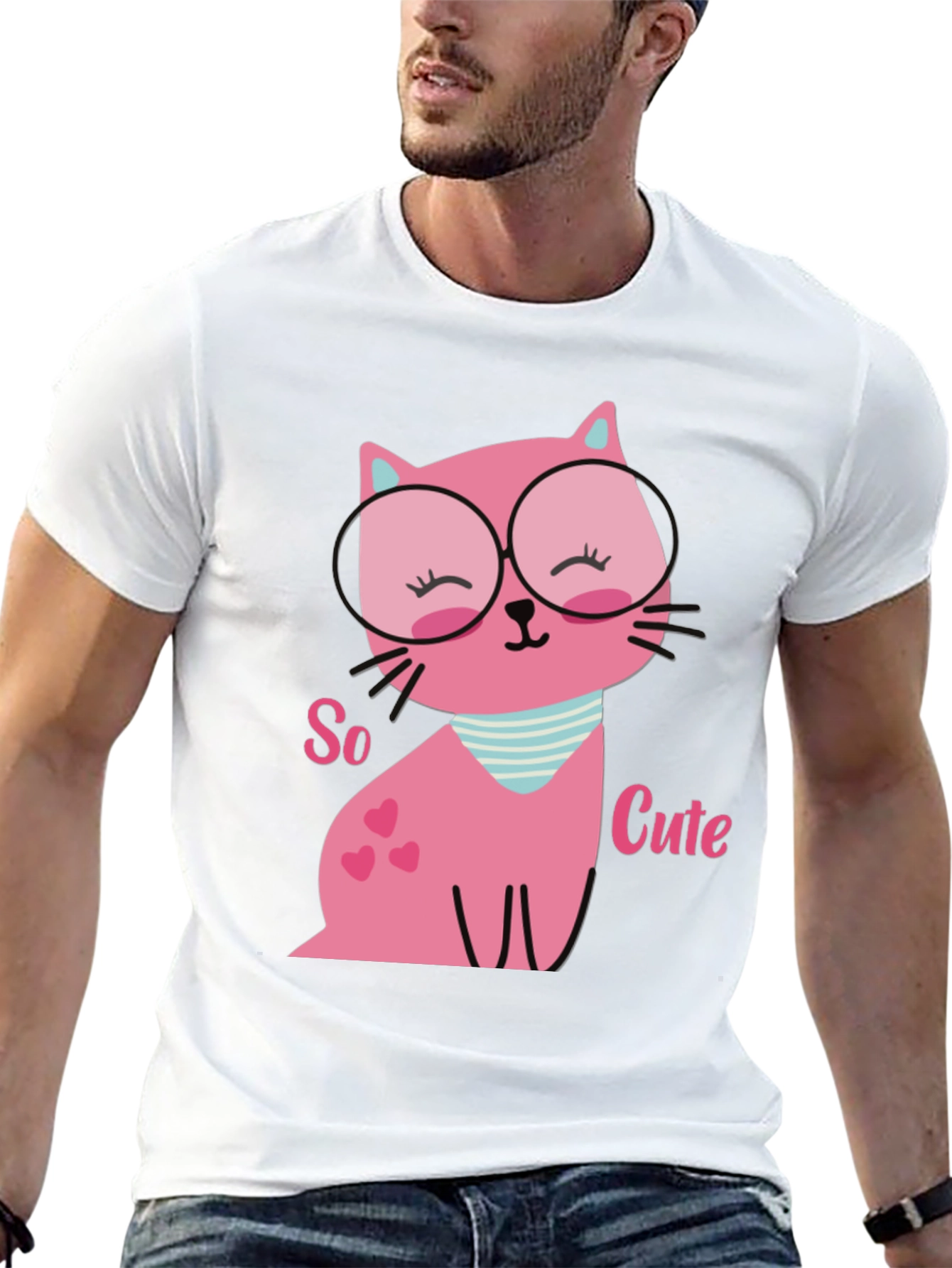 Black Cute Pink Cat T-Shirt view 13