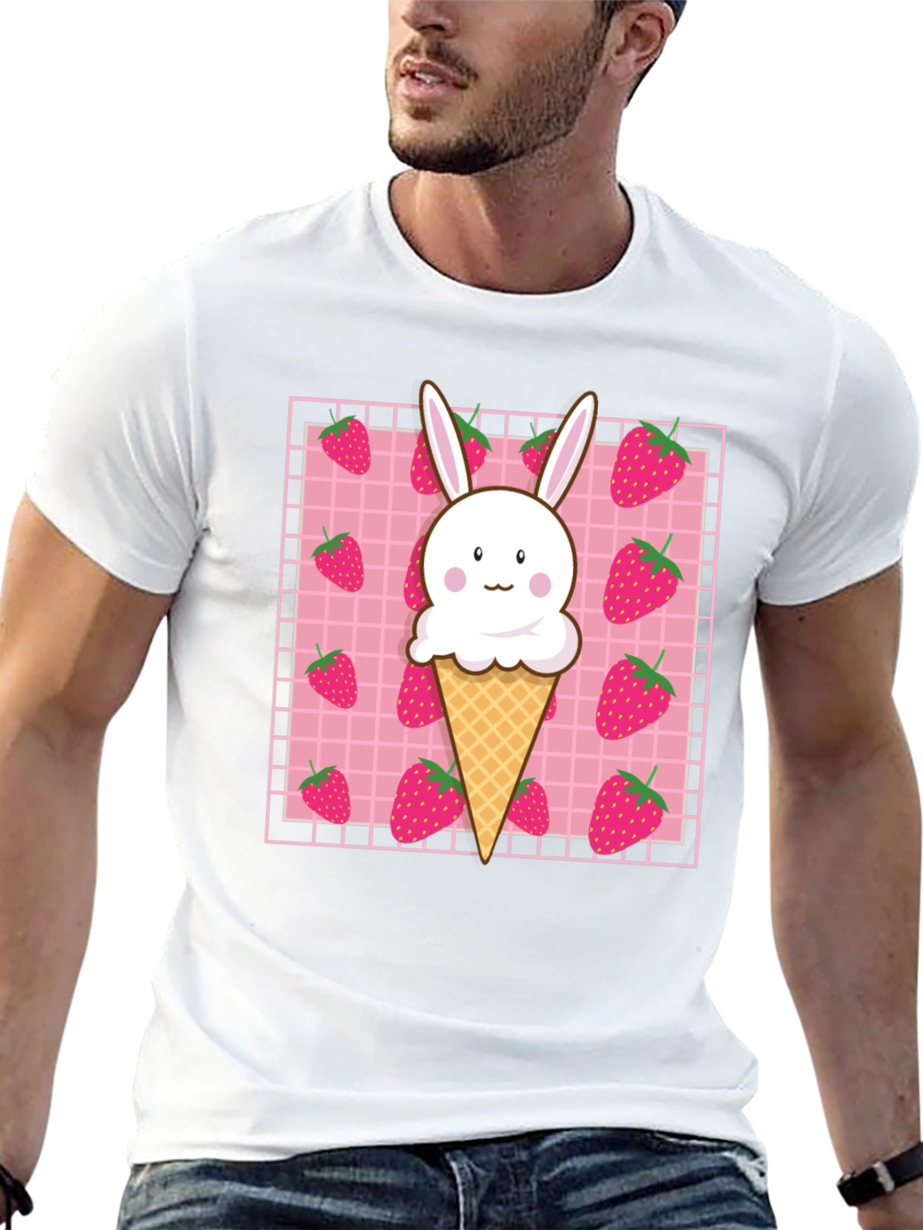 Black Kawaii Strawberry Bunny Ice Cream T-Shirt view 13