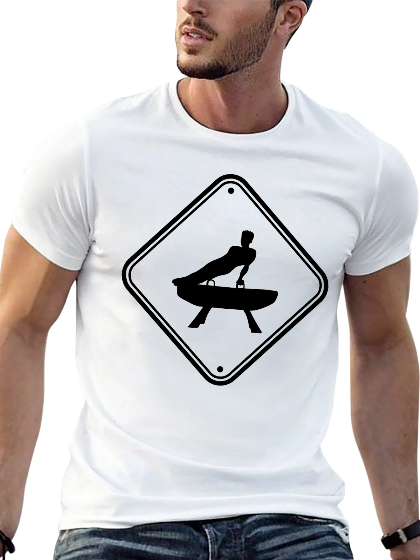 Black Gymnastics Pommel Horse Warning Sign T-Shirt view 13