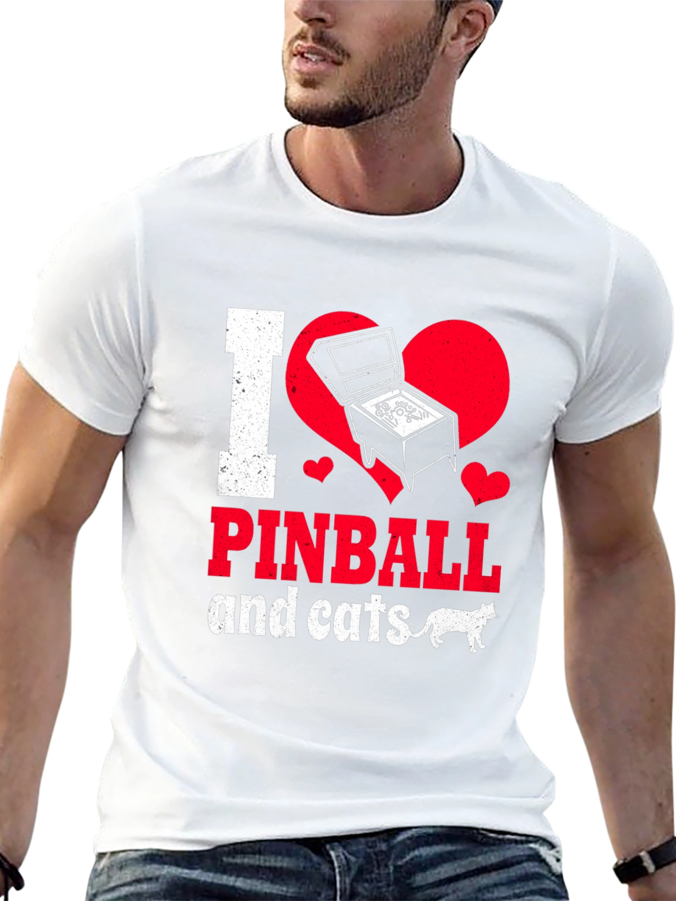 Black I Love Pinball and Cats Graphic T-Shirt view 13