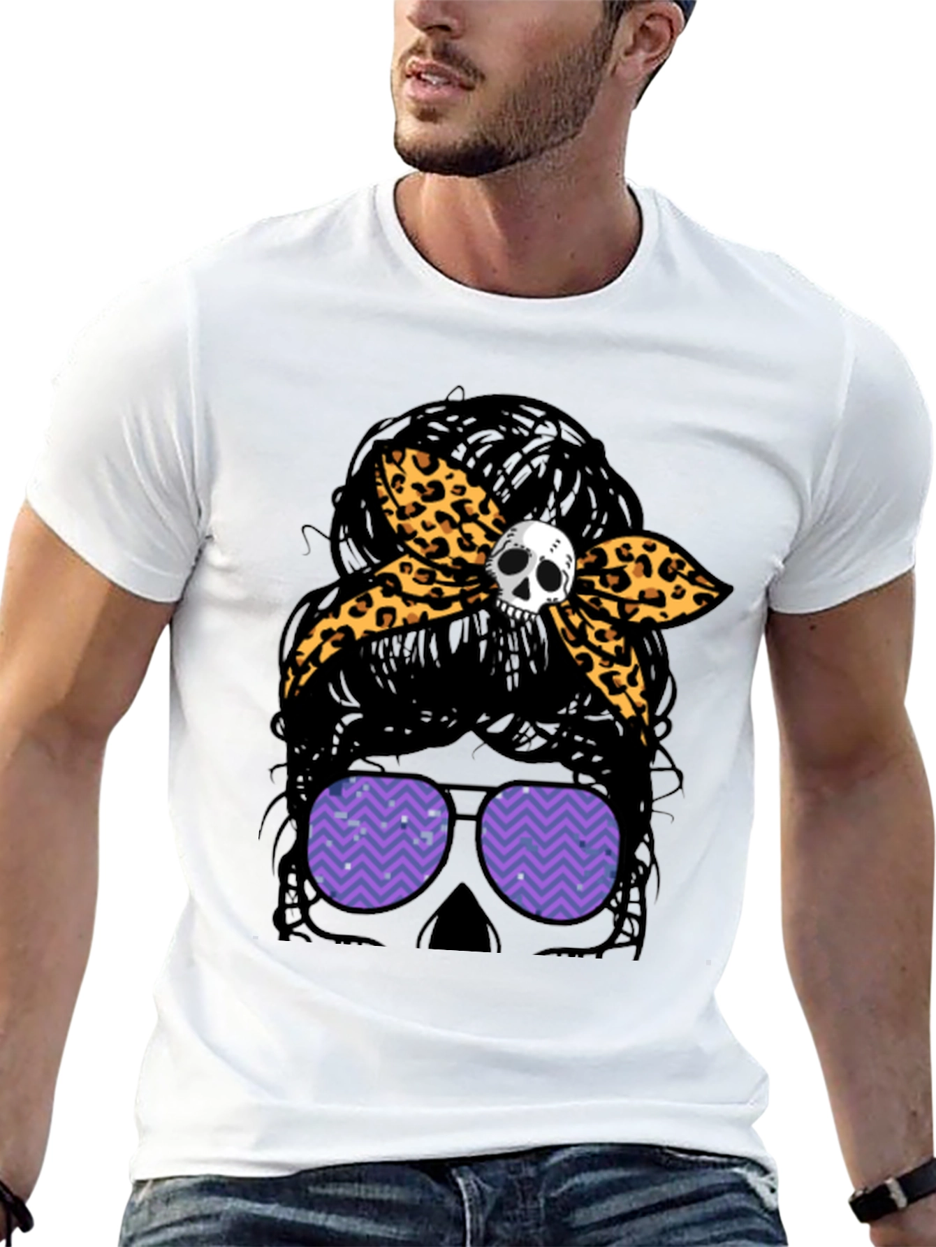 Black Messy Bun Skull Leopard Bow T-Shirt view 13