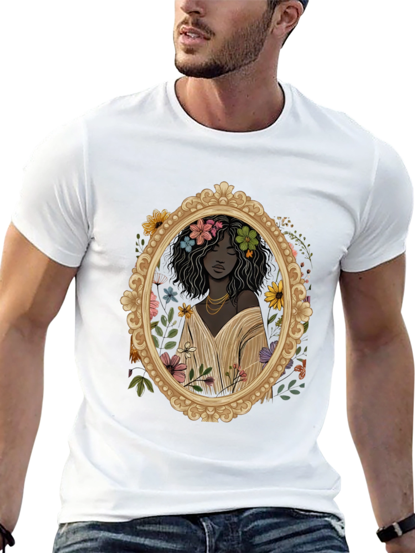 Black Floral Portrait Graphic Tee - Black Unisex T-Shirt view 13