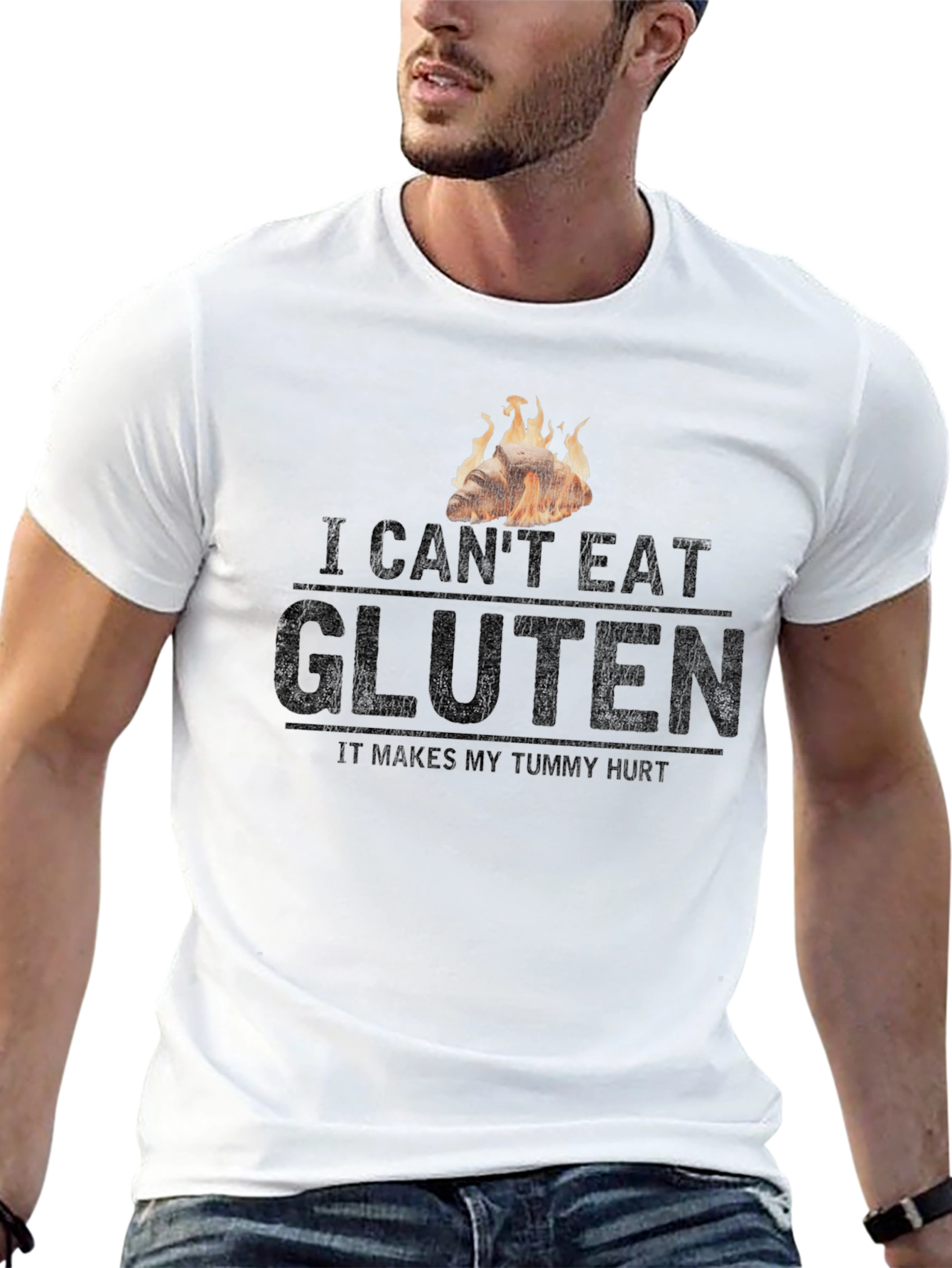 Black I Can't Eat Gluten Graphic Tee - Tummy Hurt Funny T-Shirt view 13