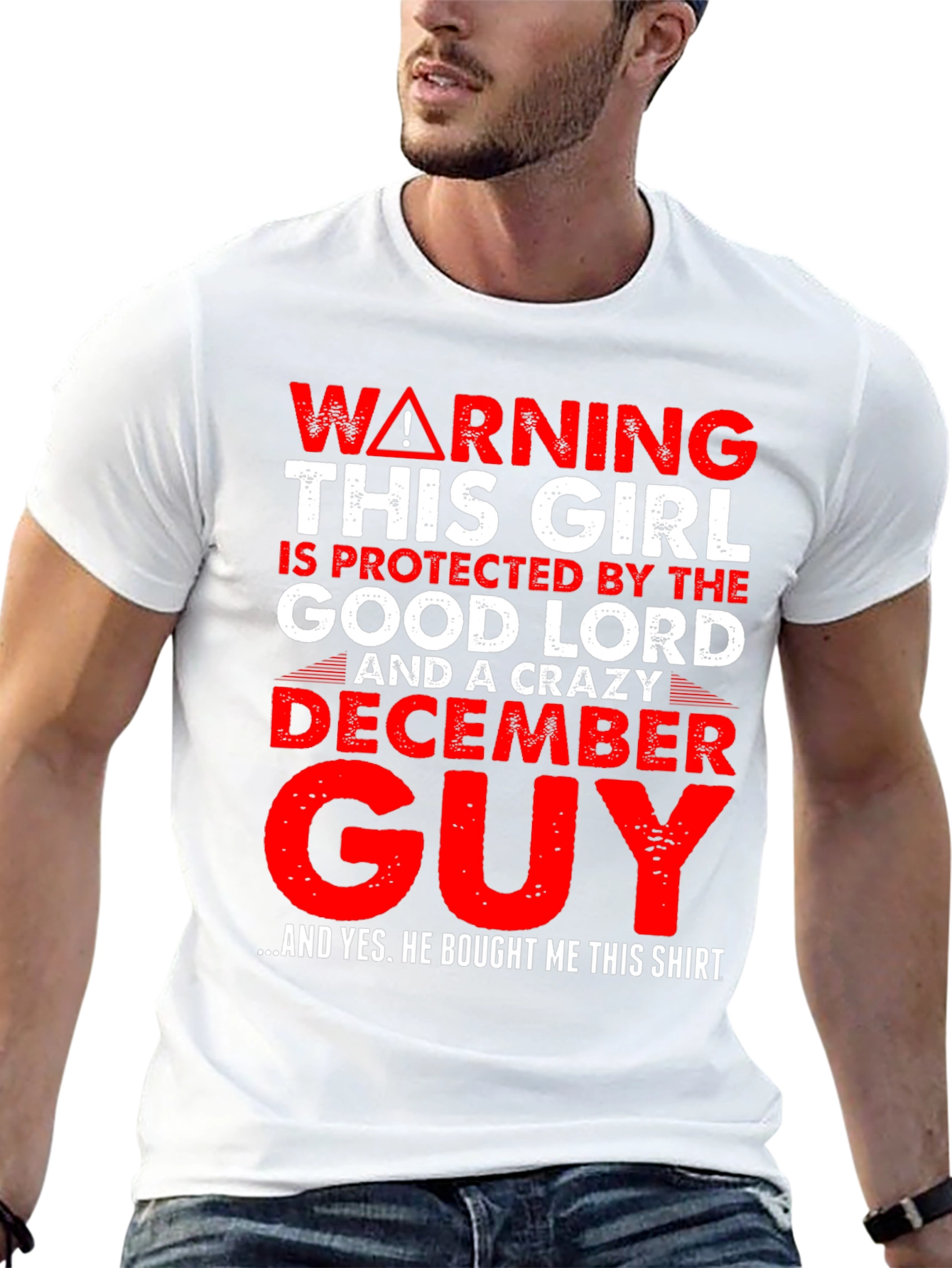 Black Warning Protected by Good Lord & Crazy December Guy T-Shirt view 13