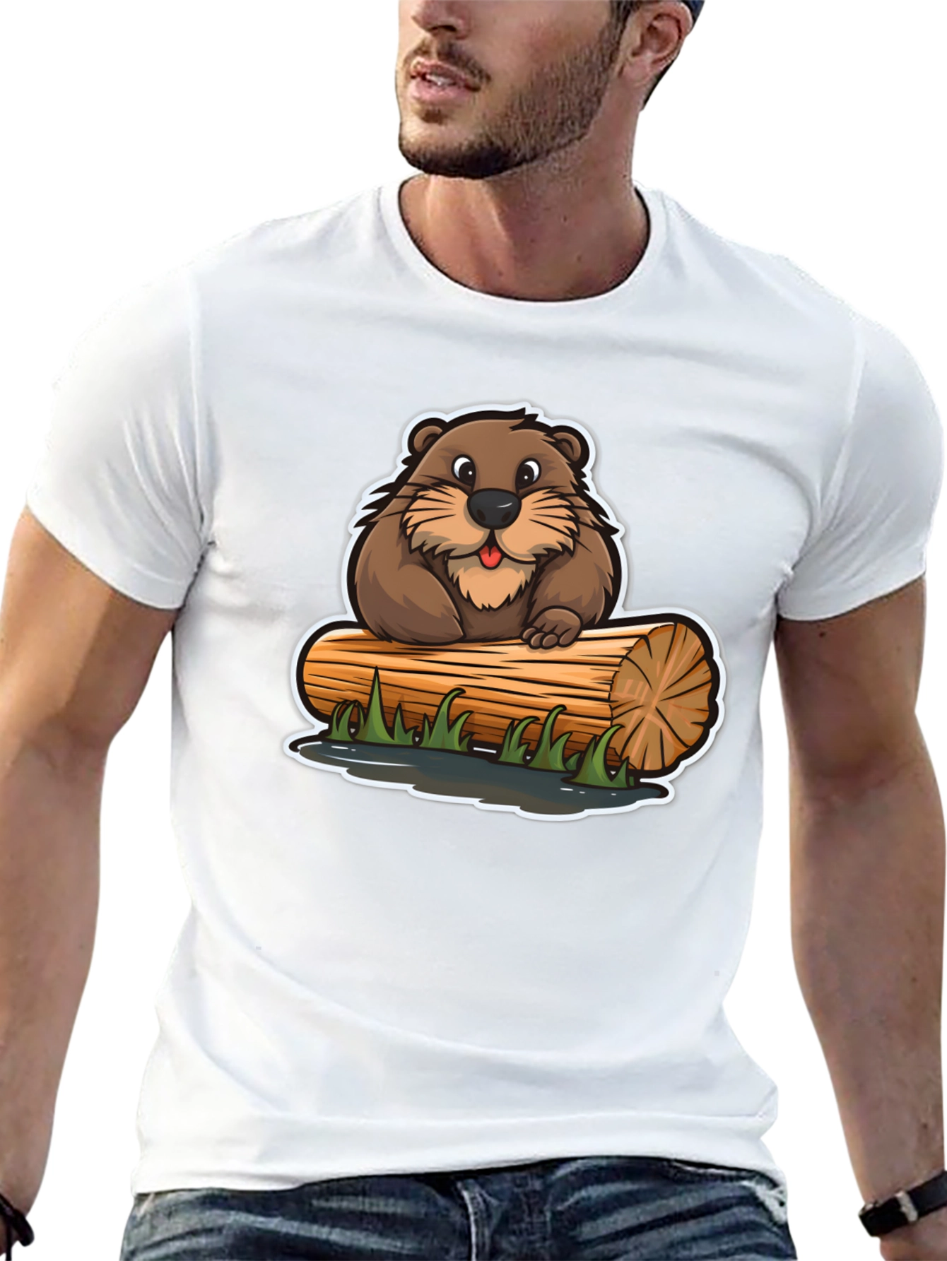 Black Cartoon Beaver on Log T-Shirt view 13