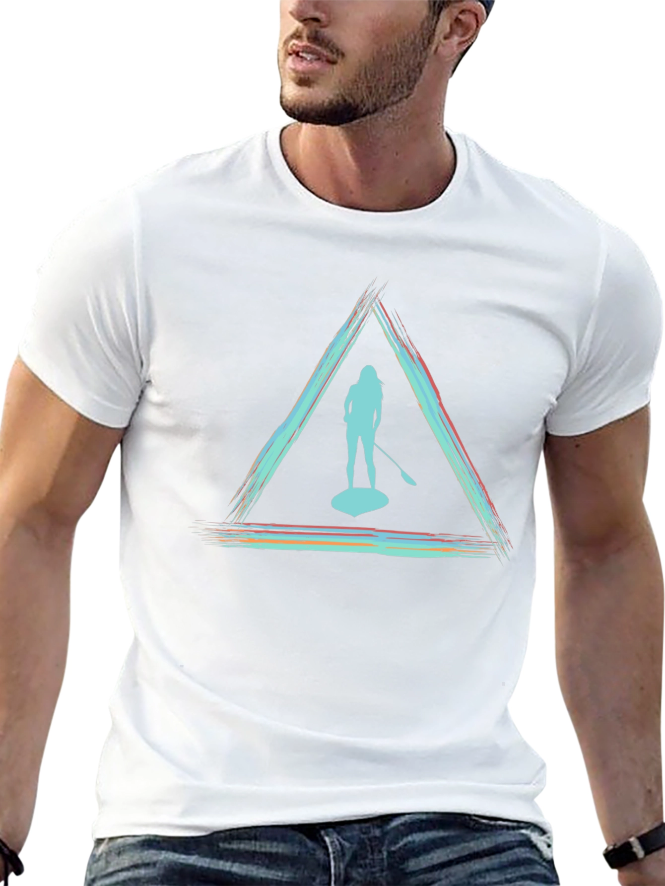 Black Paddleboarder Triangle Graphic Tee - Unisex Black T-Shirt view 13