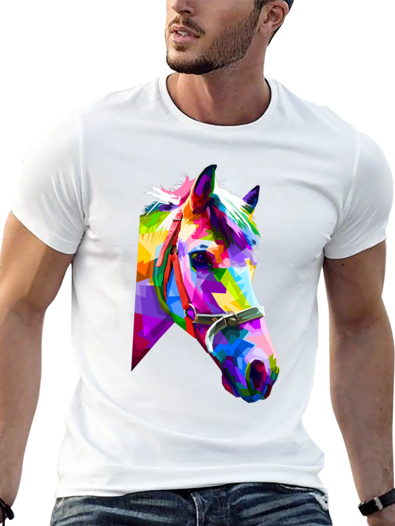 Black Geometric Horse Tee - Colorful Animal Art T-Shirt view 13