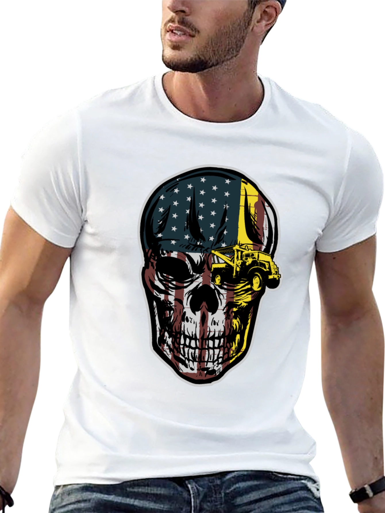 Black American Flag Skull Tow Truck T-Shirt view 13