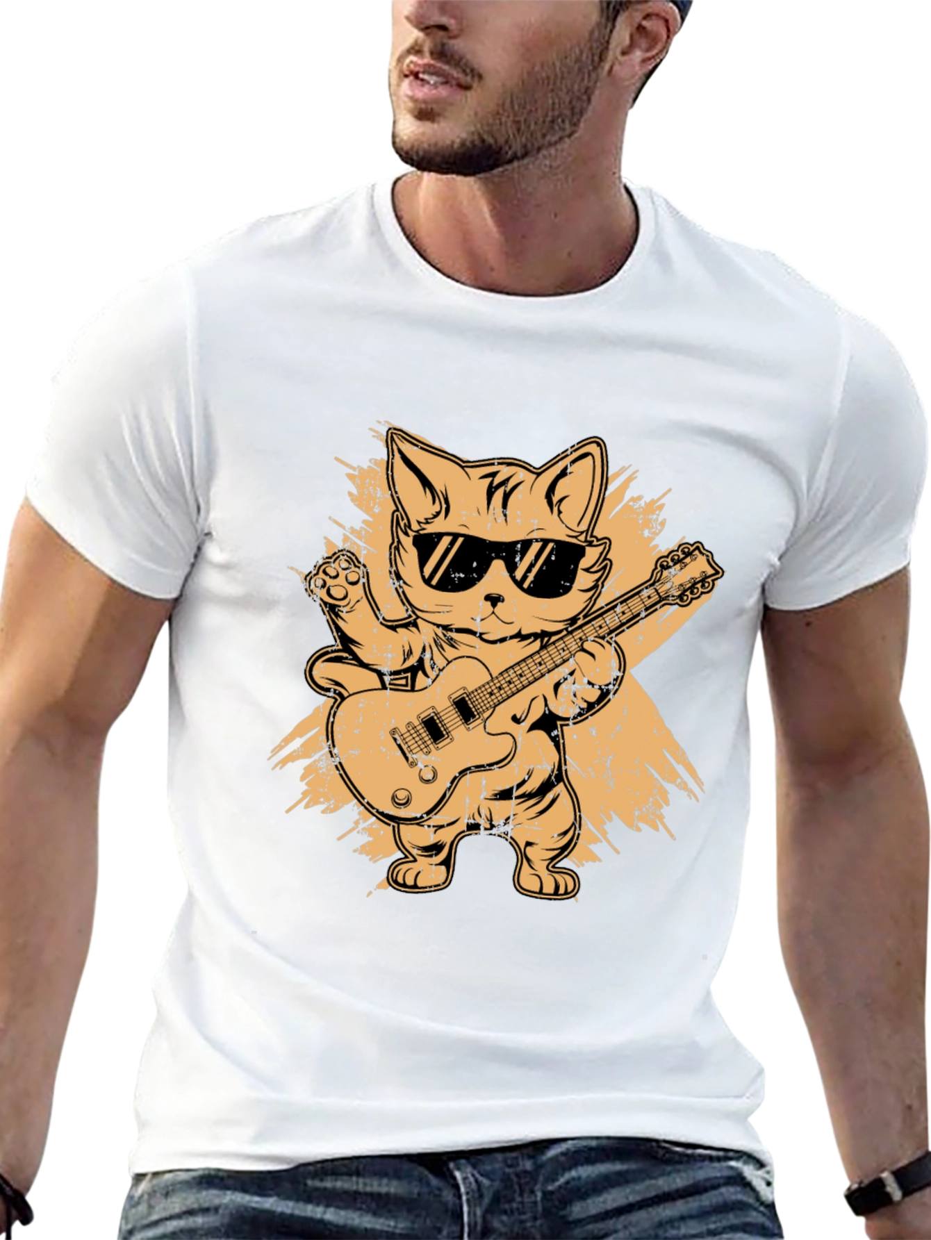 Black Cool Cat Guitarist Graphic T-Shirt view 13