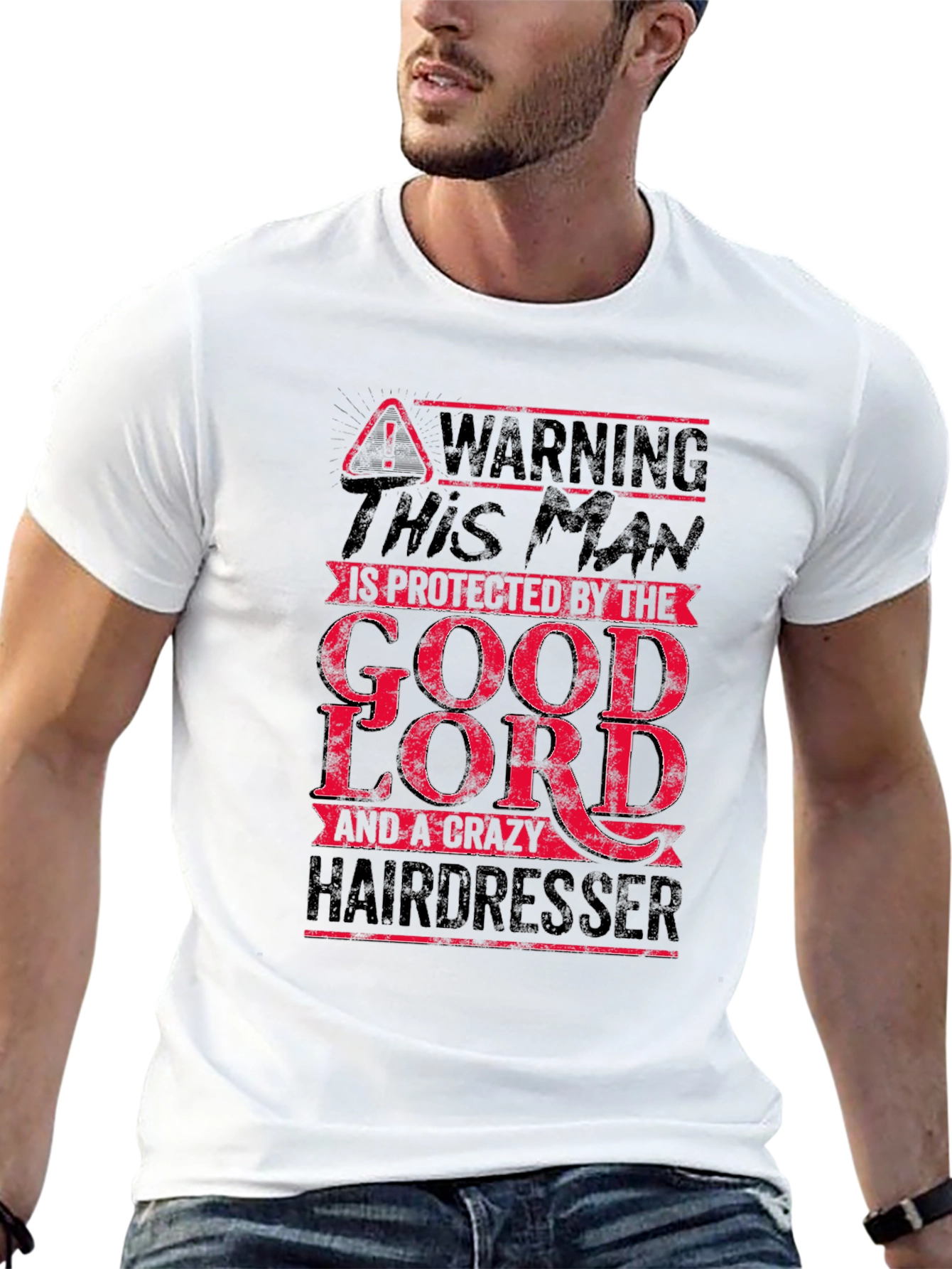 Black Warning Protected by the Good Lord and a Crazy Hairdresser T-Shirt view 13
