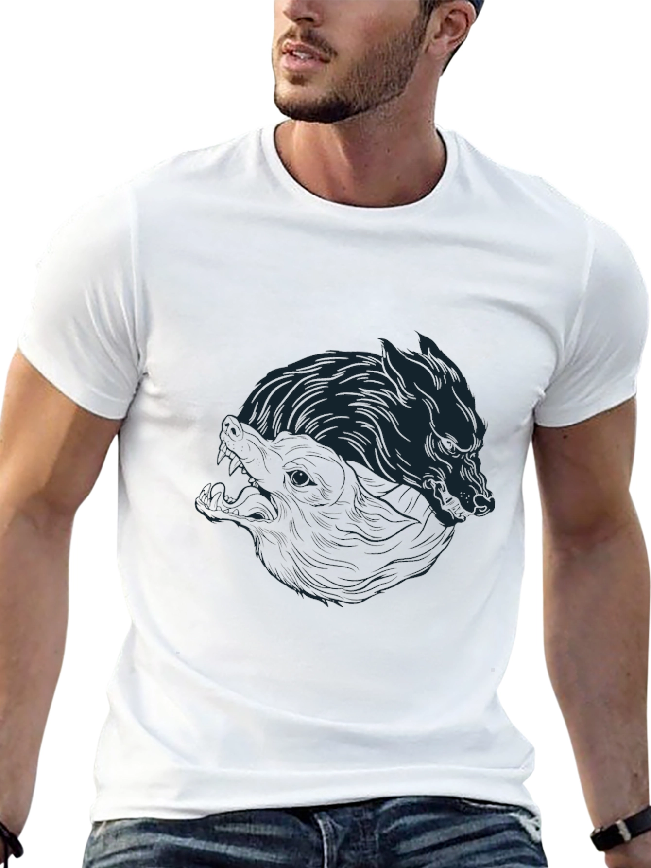 Black Yin Yang Wolves Graphic Tee - Black Cotton Blend view 13