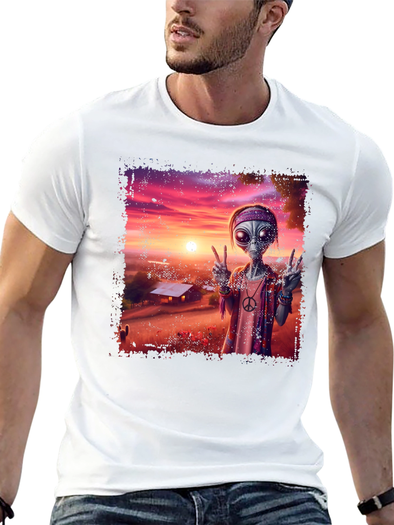Retro Alien Peace T-Shirt - Groovy Sunset Design - 13