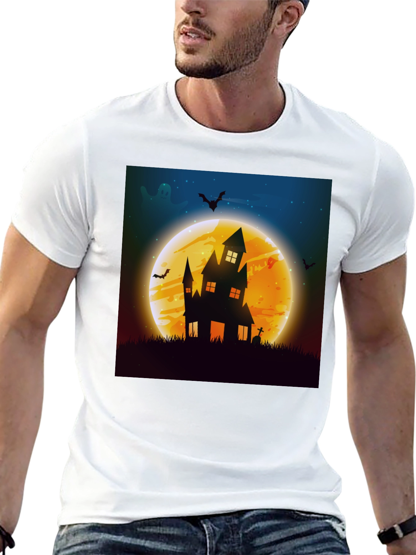 Black Spooky Halloween Haunted House Graphic Tee view 13