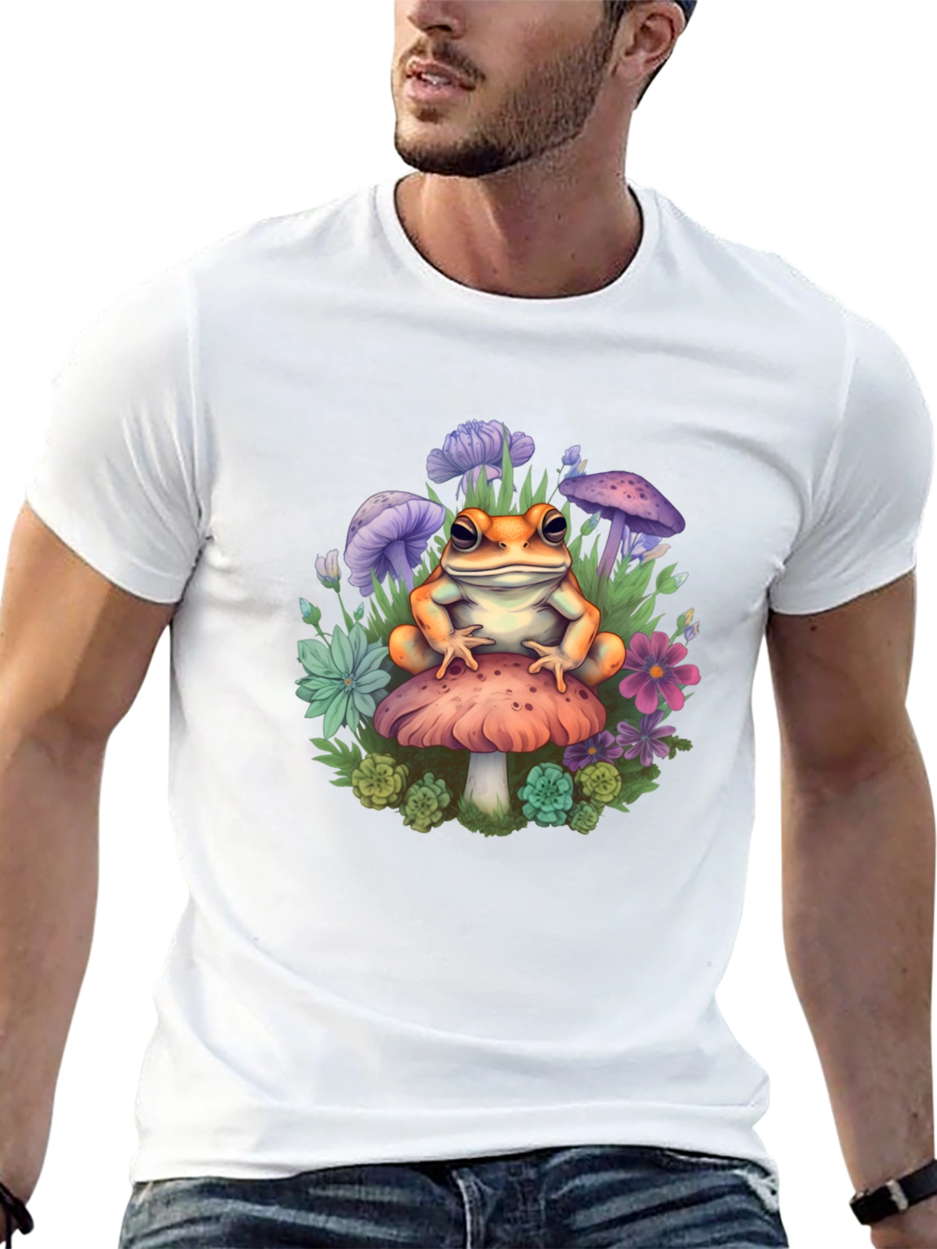 Black Frog on Mushroom Graphic Tee - Whimsical Toadstool Design view 13