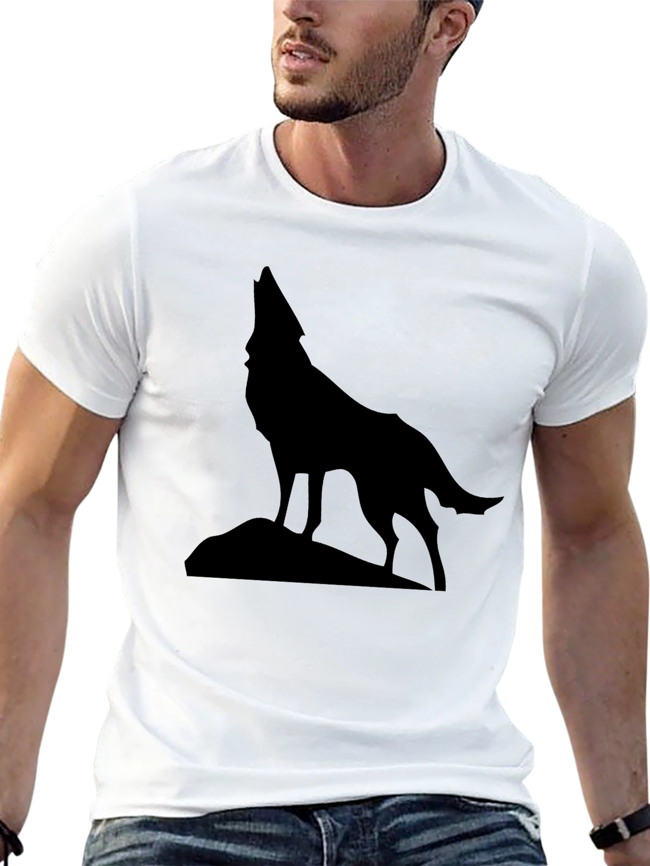 Wolf Howling Silhouette Graphic Tee - Black Cotton - 13