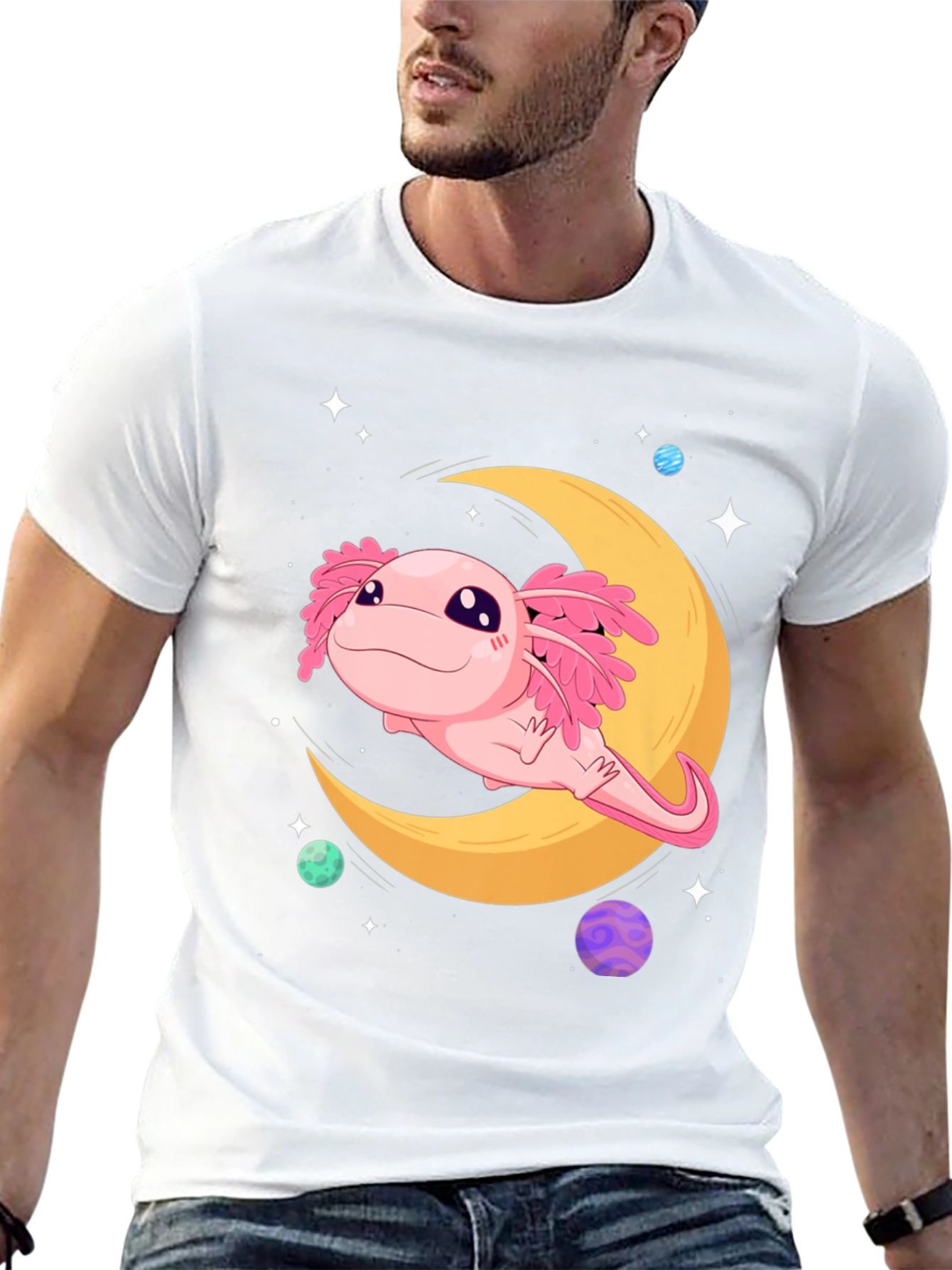 Black Axolotl Moon T-Shirt - Cute Space Design view 13