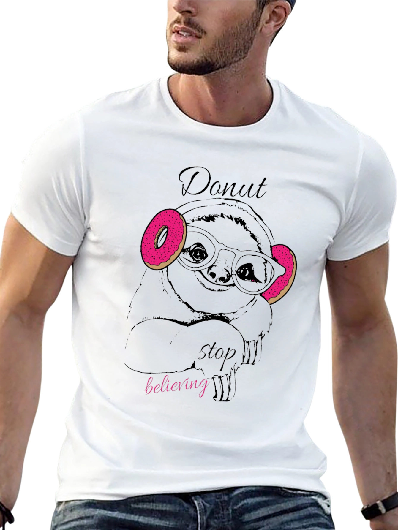 Black Donut Stop Believing Sloth T-Shirt - Funny Graphic Tee view 13