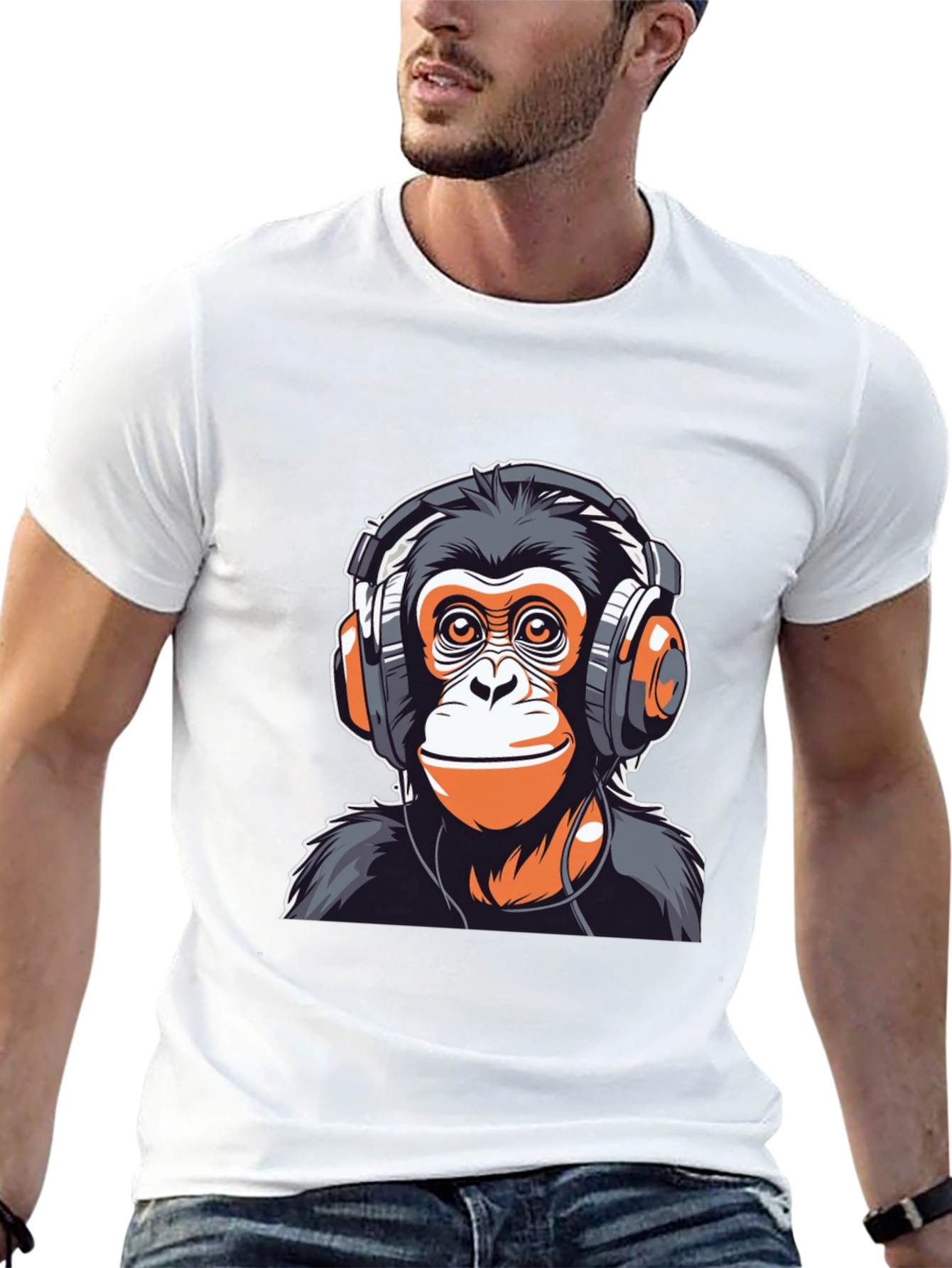 Black Cool Monkey Headphones Graphic Tee view 13