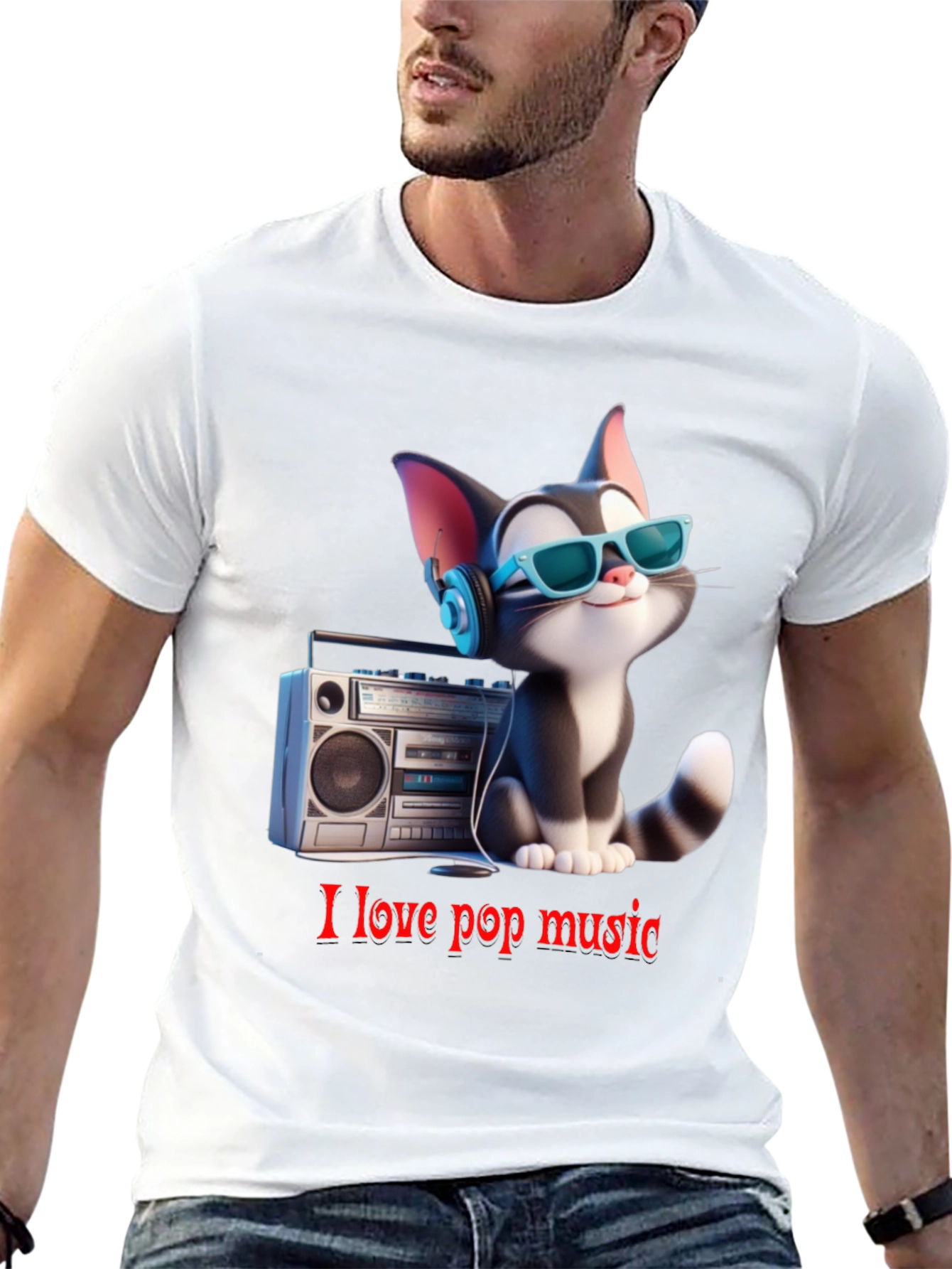 Black Cool Cat Loves Pop Music T-Shirt view 13