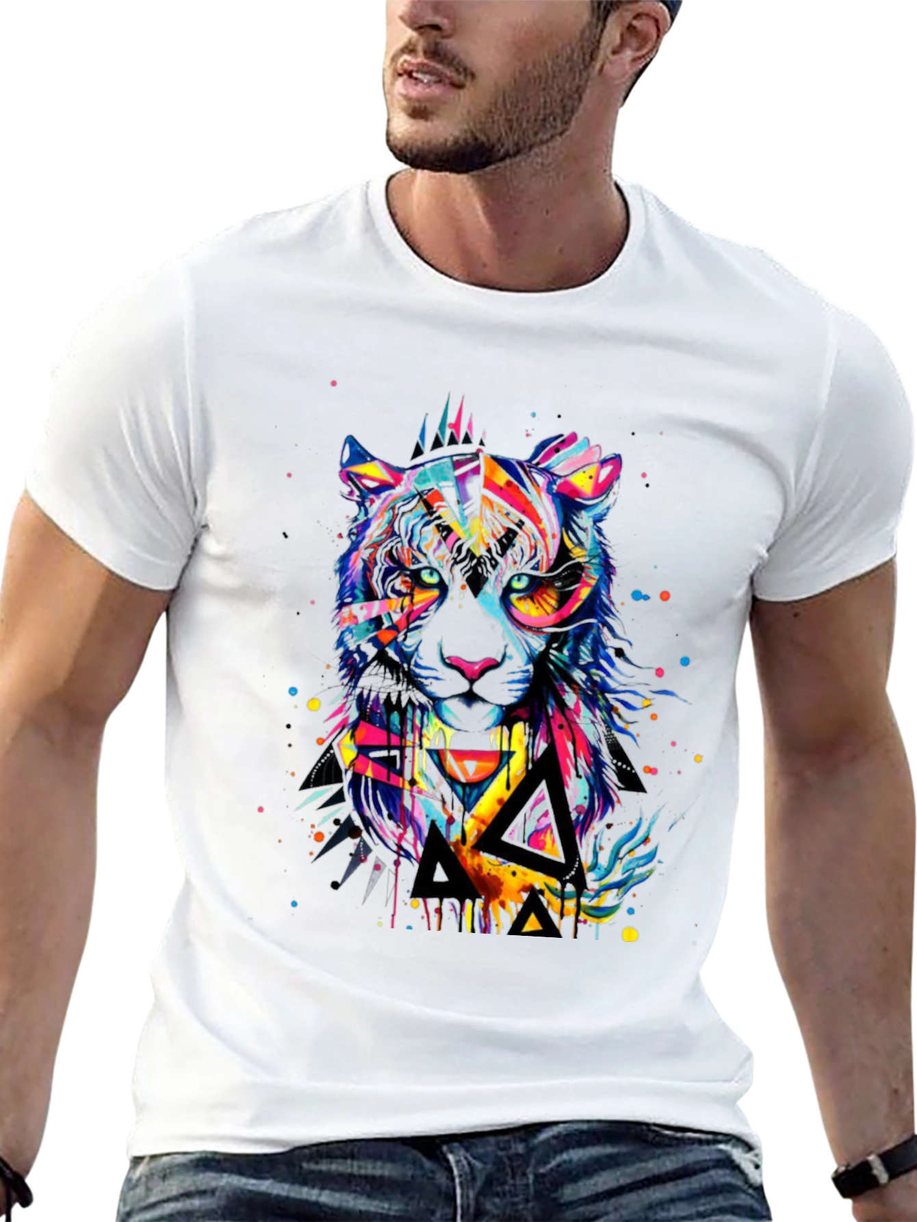 Black Colorful Geometric Tiger Graphic T-Shirt view 13