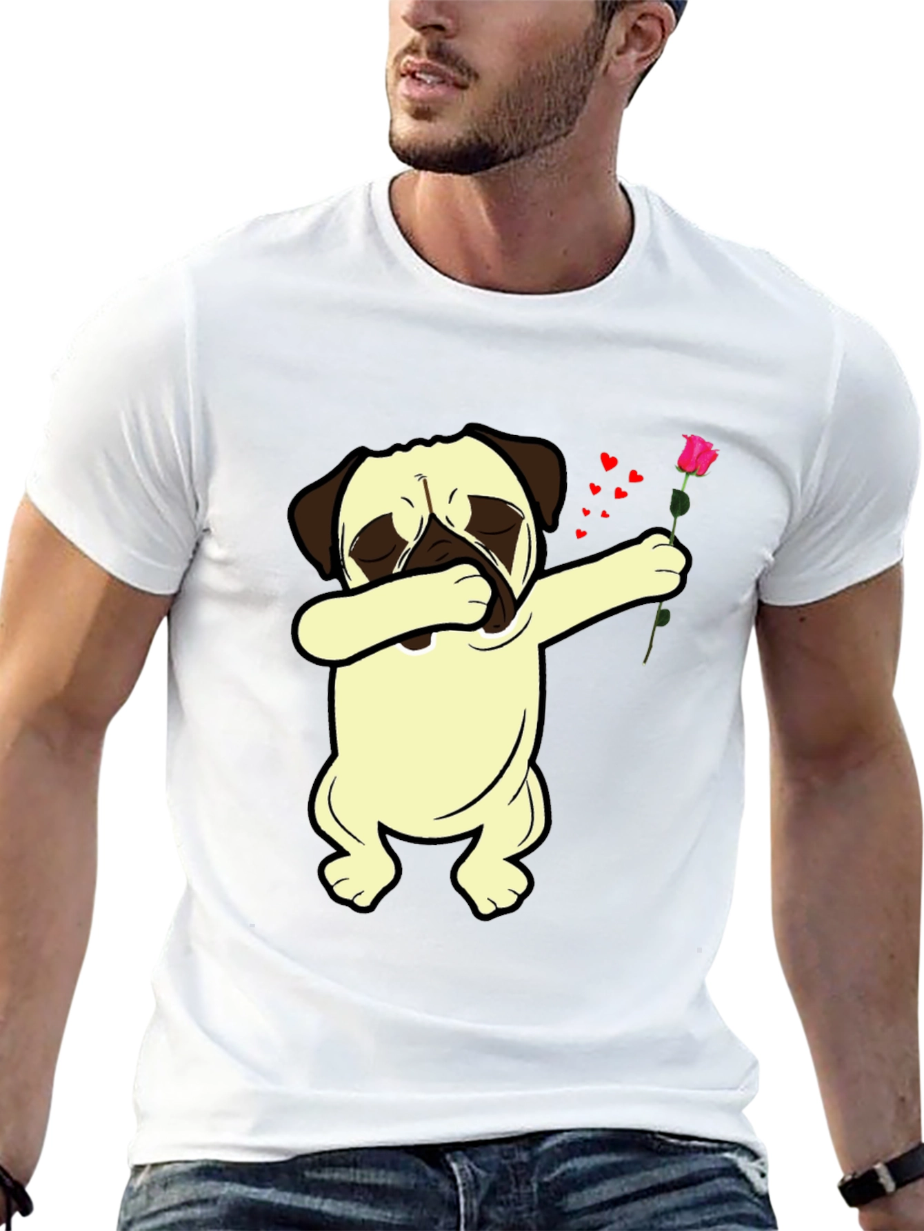 Black Dabbing Pug T-Shirt with Rose view 13