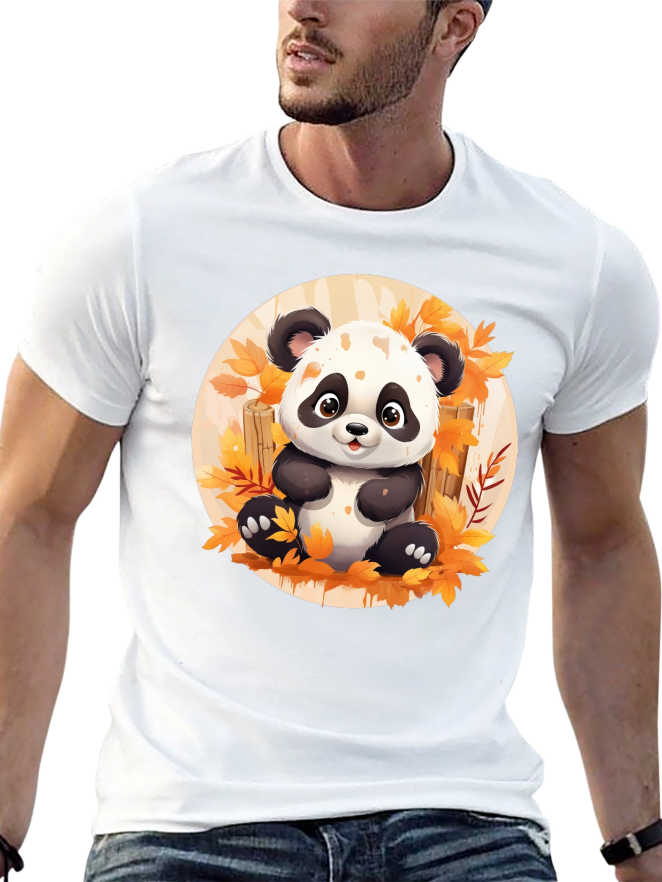 Black Cute Panda T-Shirt - Autumn Leaves Design view 13
