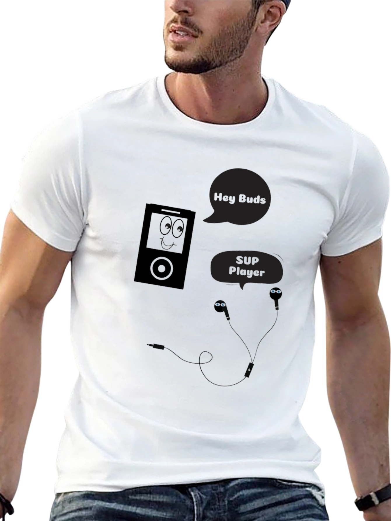 Black Hey Buds! Black Graphic Tee - Music Player Humor view 13