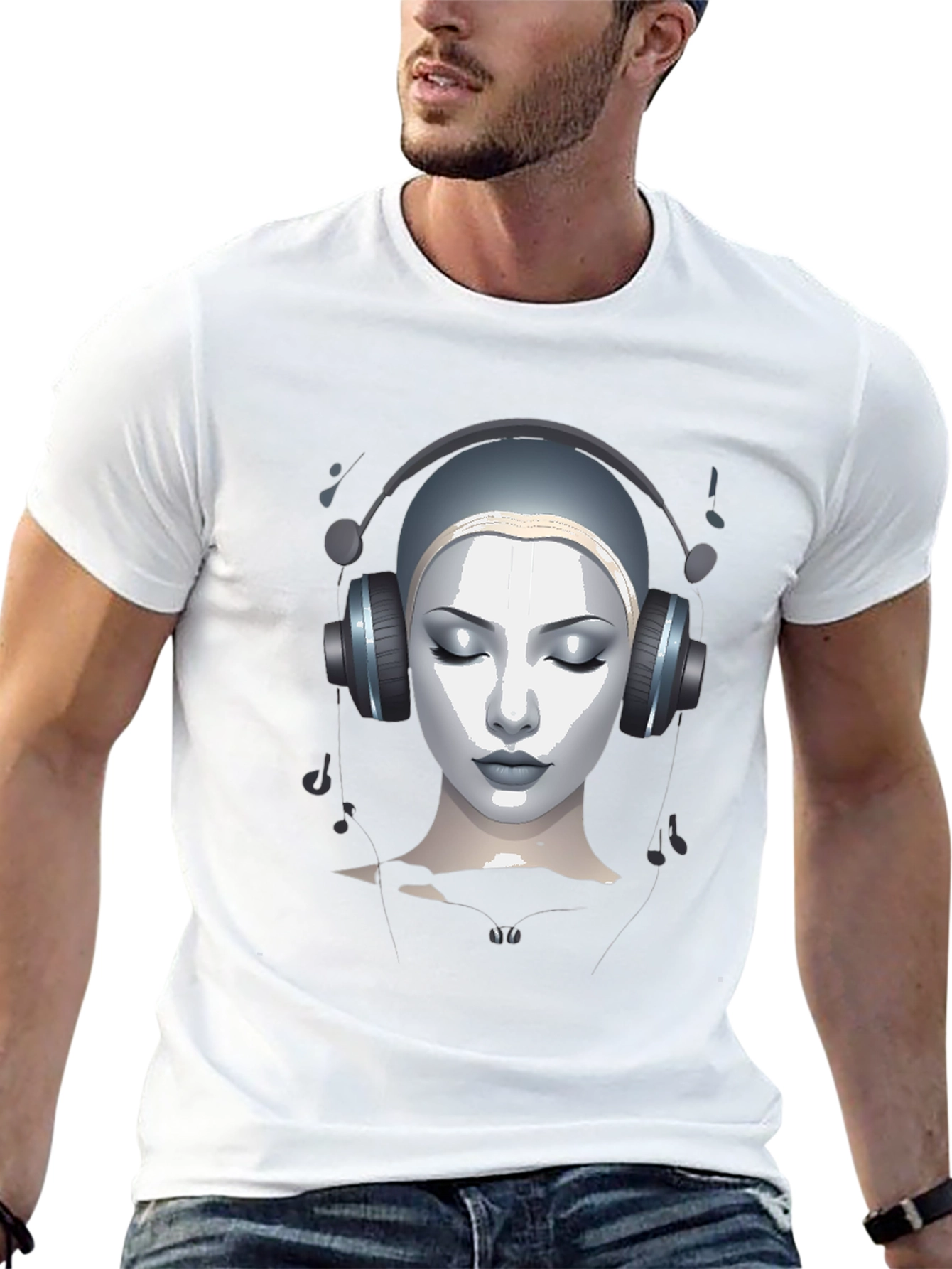 Black Abstract Woman with Headphones Graphic Tee view 13