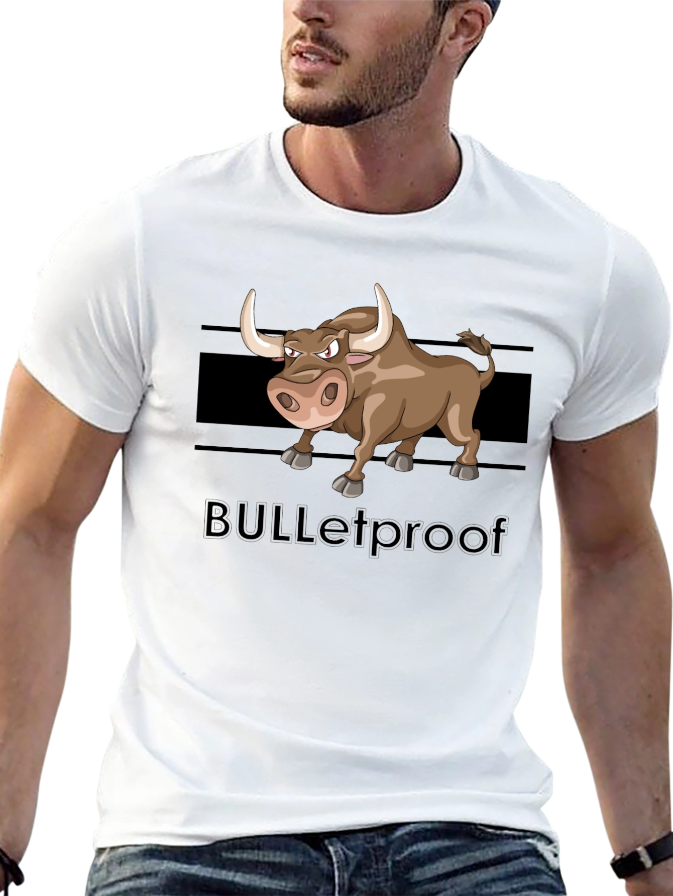 Black Cartoon Bull Graphic Tee - "BULLETproof" Black T-Shirt view 13