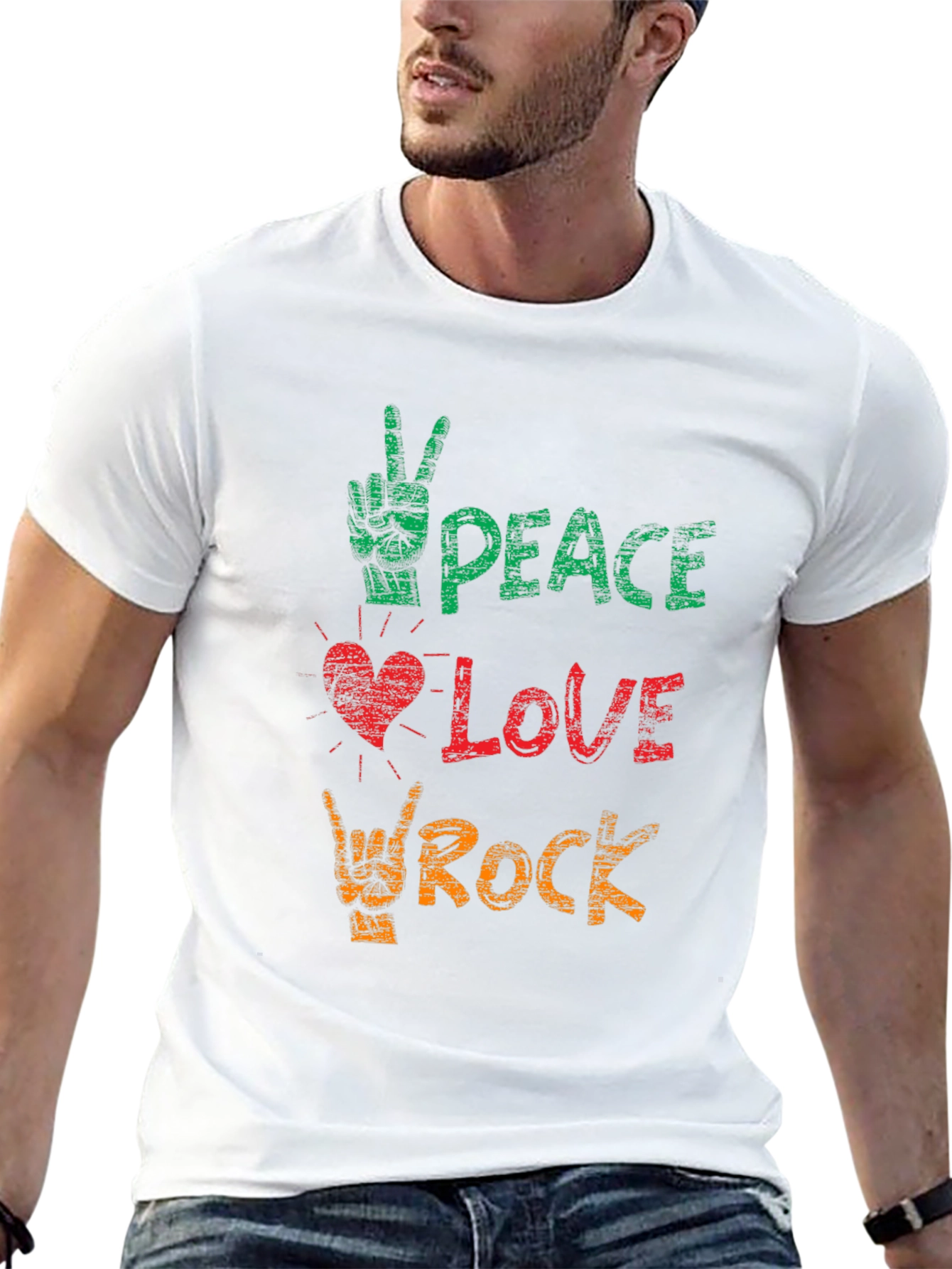 Black Peace Love Rock Graphic Tee - Black Cotton T-Shirt view 13