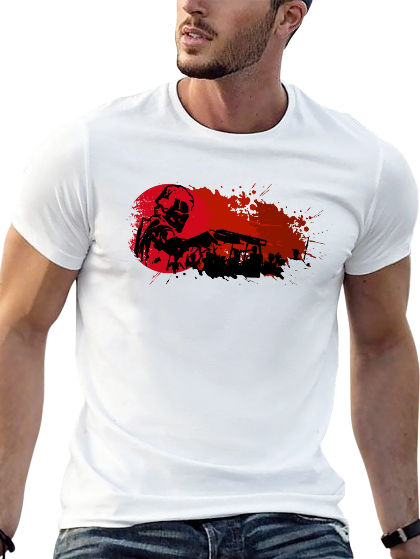 Black Graphic Print T-Shirt - Skull with Gun view 13