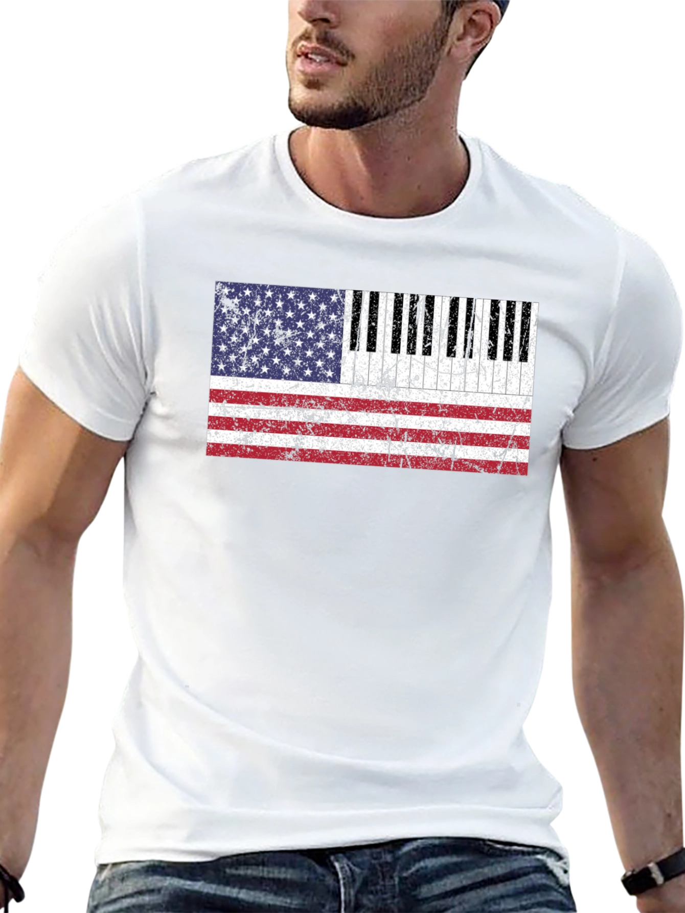 Black Piano Keys American Flag Graphic T-Shirt view 13
