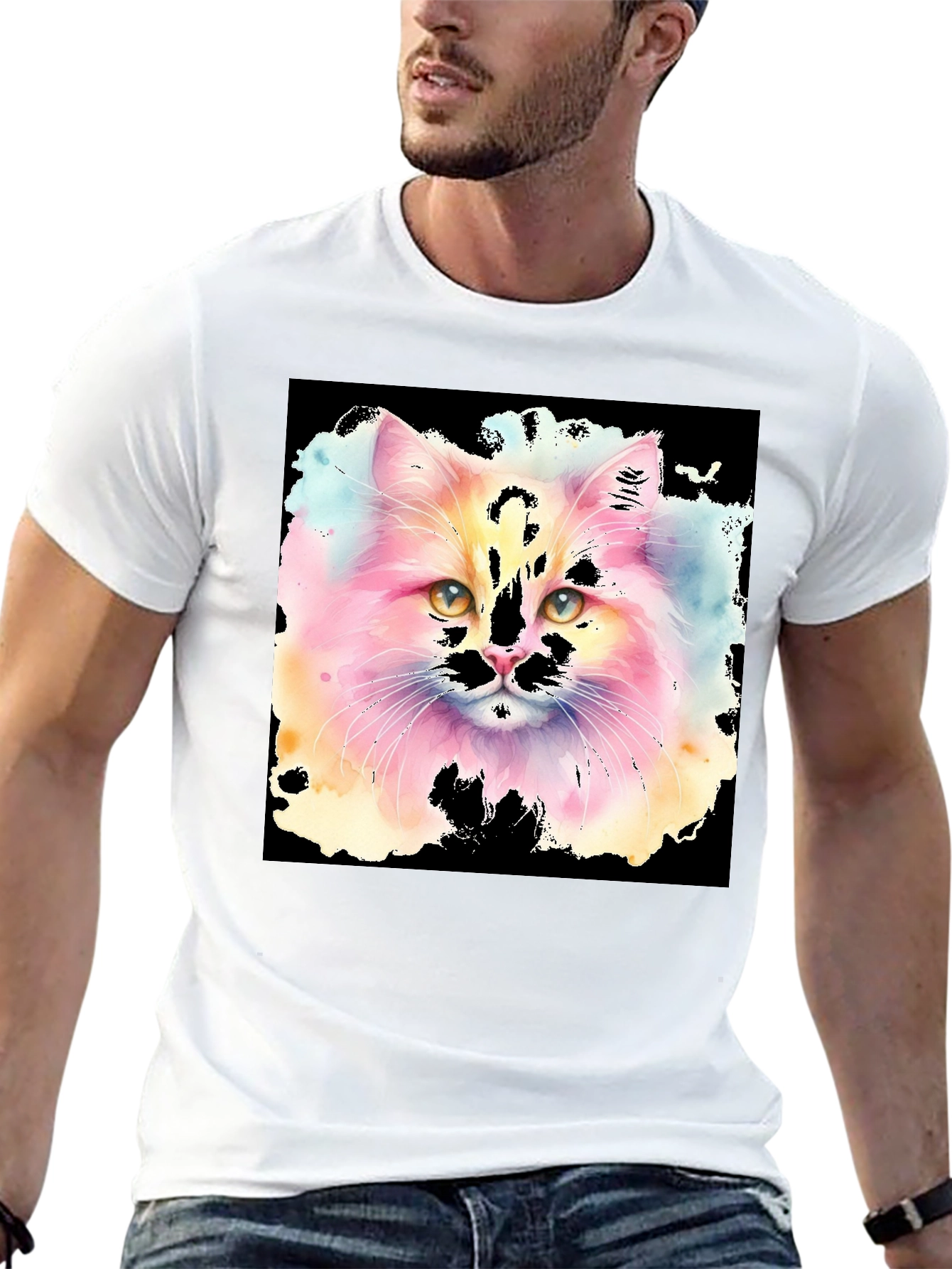 Black Watercolor Cat Graphic Tee - Black Cotton T-Shirt view 13