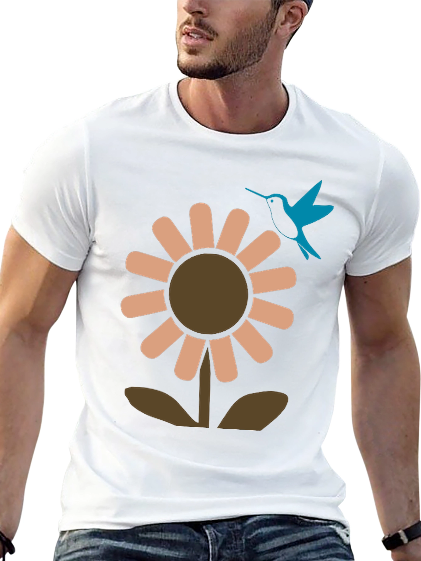 Black Black Graphic Tee: Flower & Hummingbird Design view 13