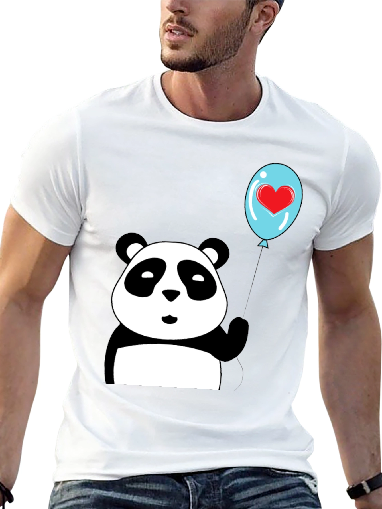 Black Cute Panda with Heart Balloon Graphic Tee view 13