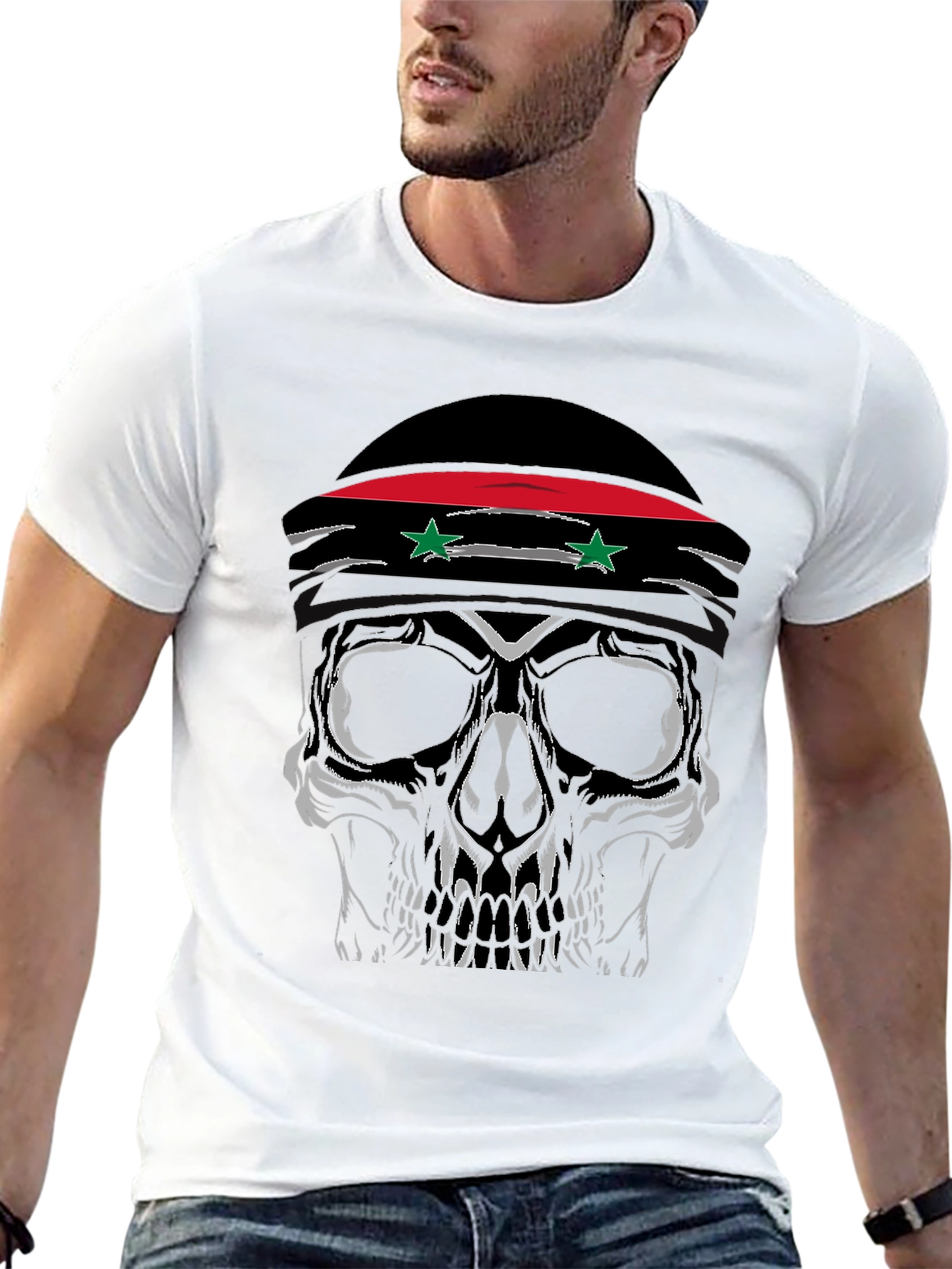 Black Skull T-Shirt with Syrian Flag Headband - Men's view 13