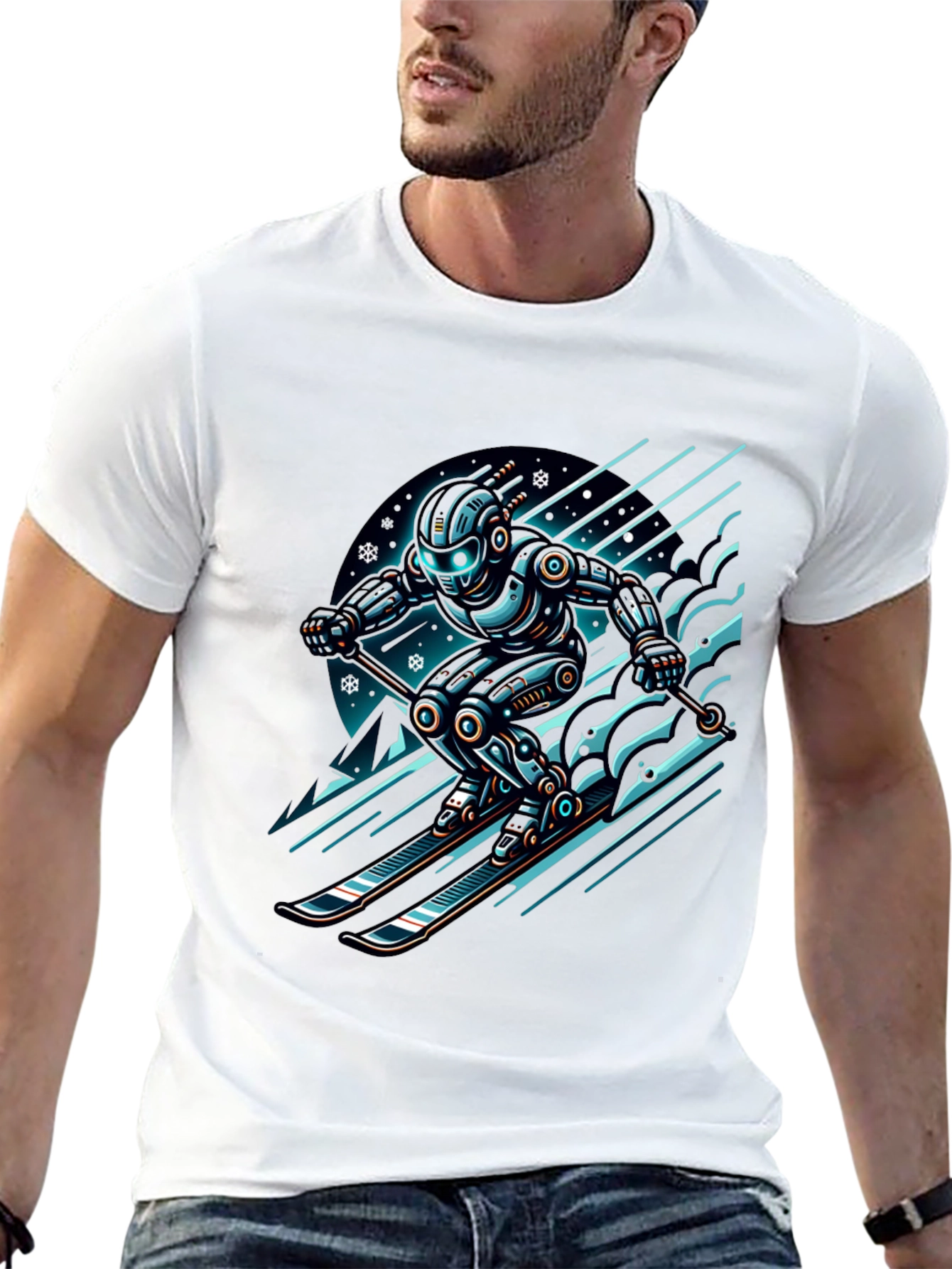 Black Robot Skier Graphic Tee - Black Cotton T-Shirt view 13
