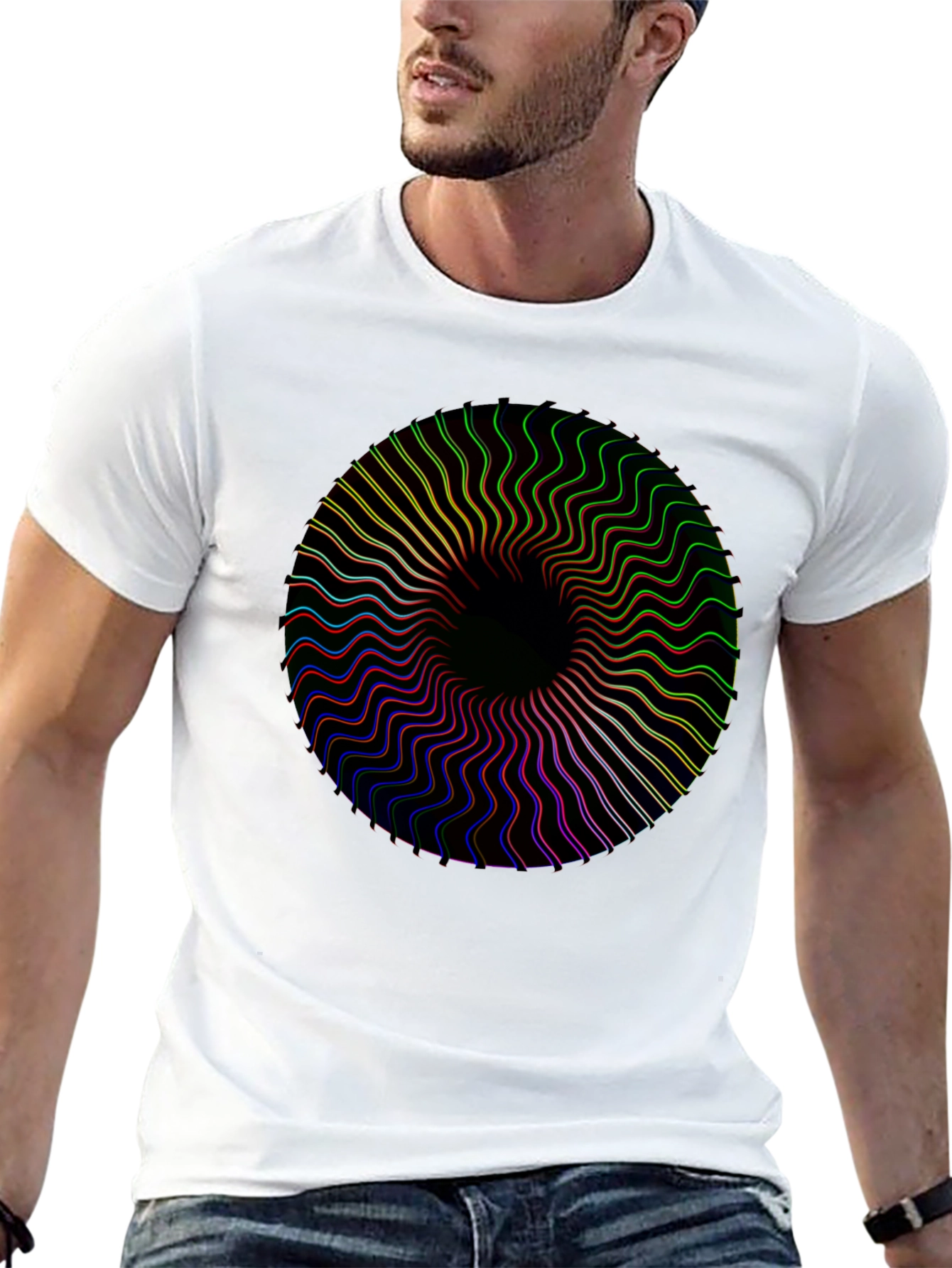 Black Vortex Tee: Black Shirt with Psychedelic Circle Design view 13