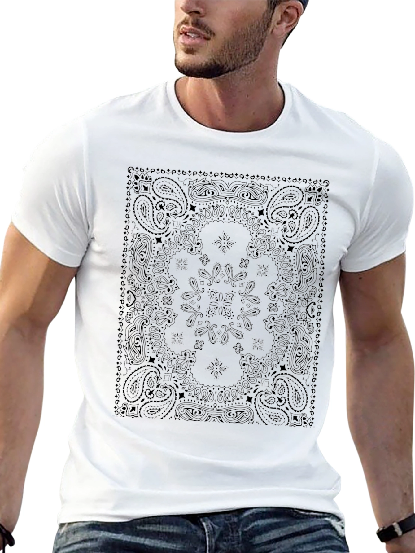 Black Men's Black Bandana Print Crew Neck T-Shirt view 13