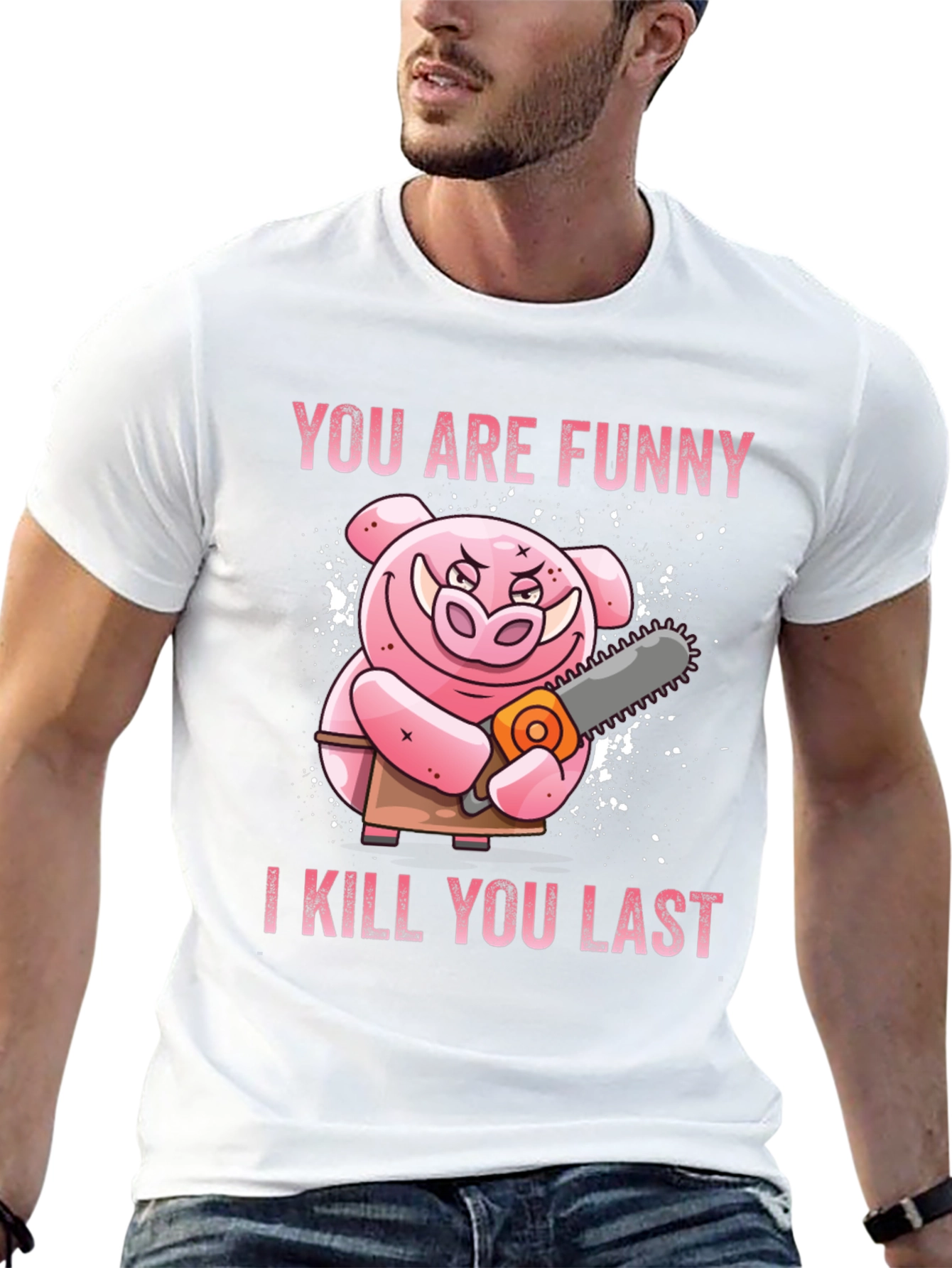 Black Funny Pig with Chainsaw Graphic Tee view 13