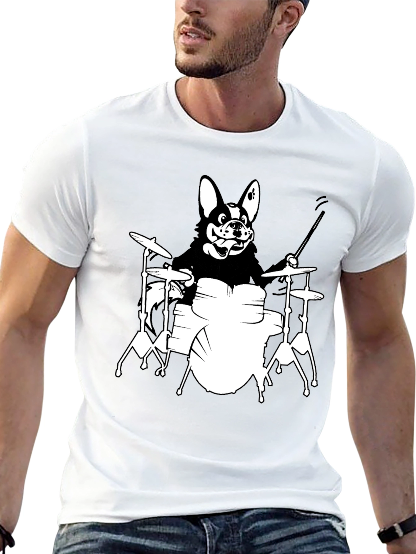 Black Dog Drummer Graphic T-Shirt - Black Unisex Tee view 13