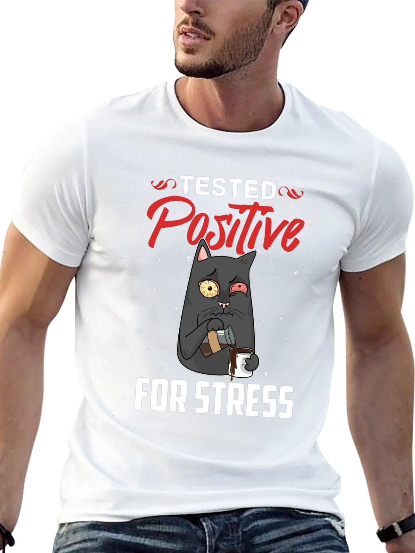 Black Stressed Cat T-Shirt - Tested Positive Design view 13