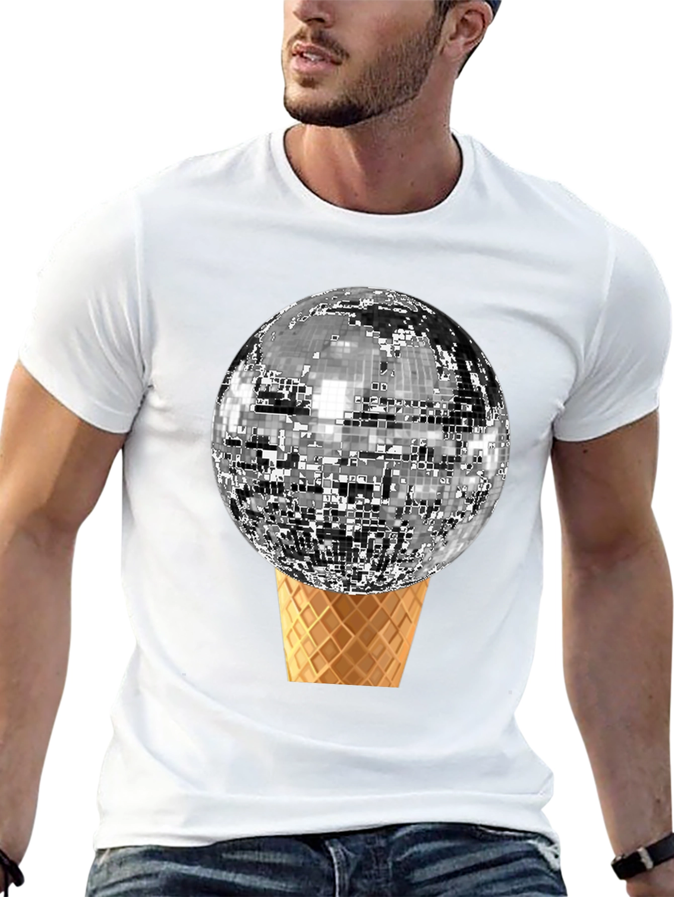 Black Disco Ball Ice Cream Cone Graphic Tee view 13