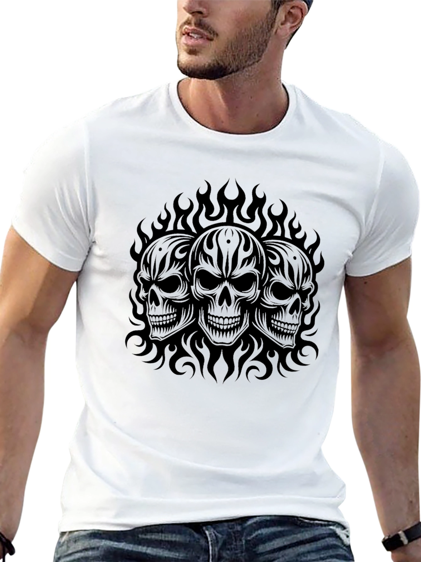 Black Skull Flames Graphic Black T-Shirt view 13