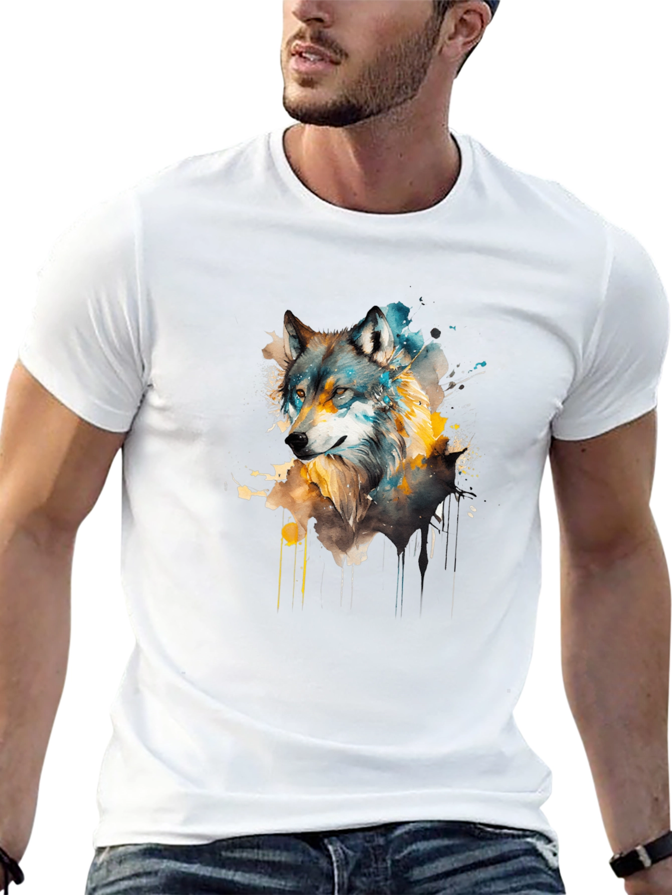 Black Watercolor Wolf Graphic Tee - Unisex Black T-Shirt view 13