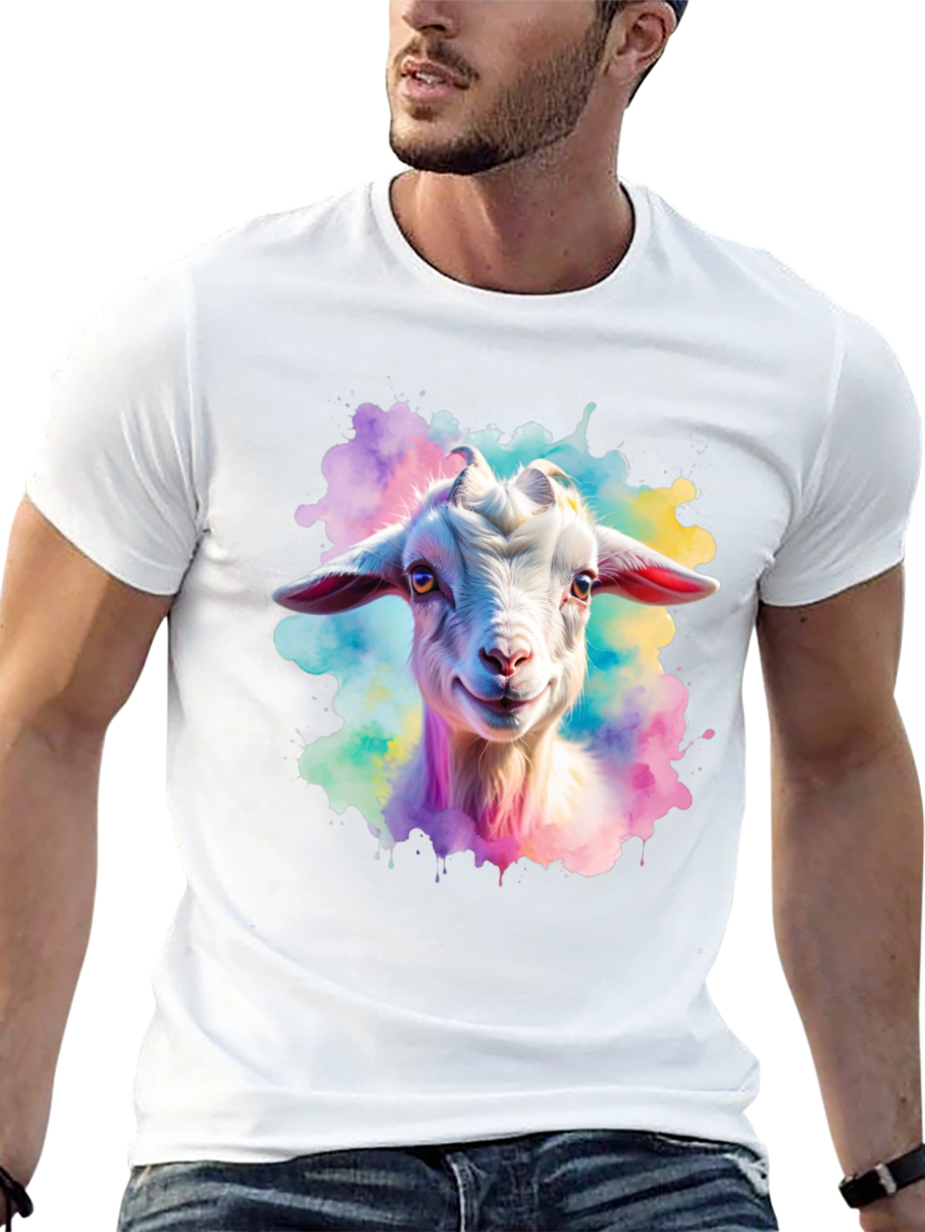 Black Goat Watercolor Graphic Print Black T-Shirt view 13