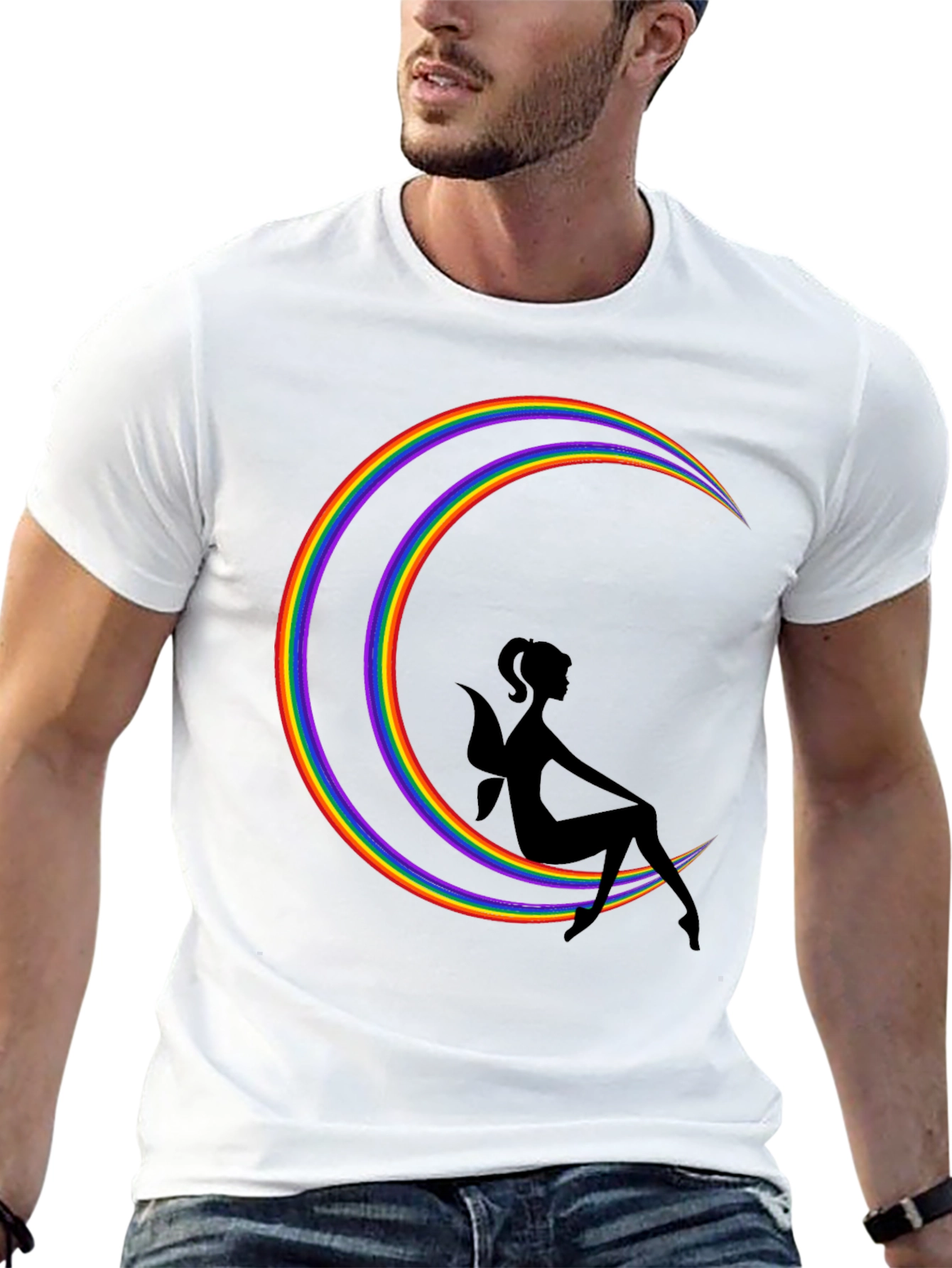 Black Rainbow Moon Fairy Graphic Tee - Soft Black Cotton T-Shirt view 13