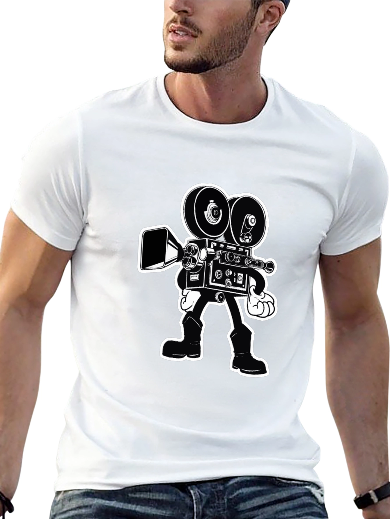 Black Retro Cartoon Movie Camera T-Shirt - Black Cotton Tee view 13