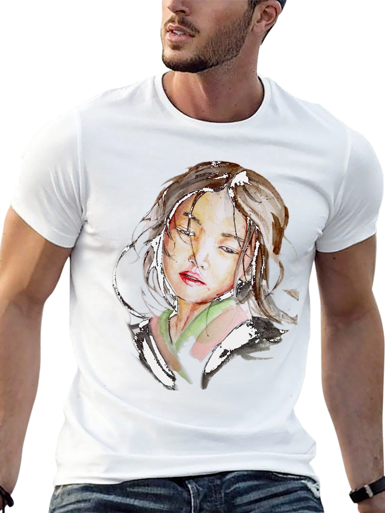 Black Watercolor Portrait Graphic Black T-Shirt view 13